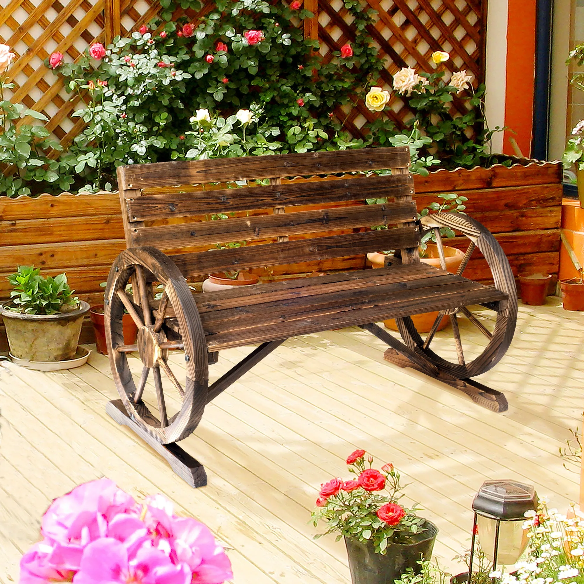 2-Seater Outdoor Bench, Country Style Garden Bench with Wooden Wheel Armrests, 105.5x59x75cm Brown - Image 2