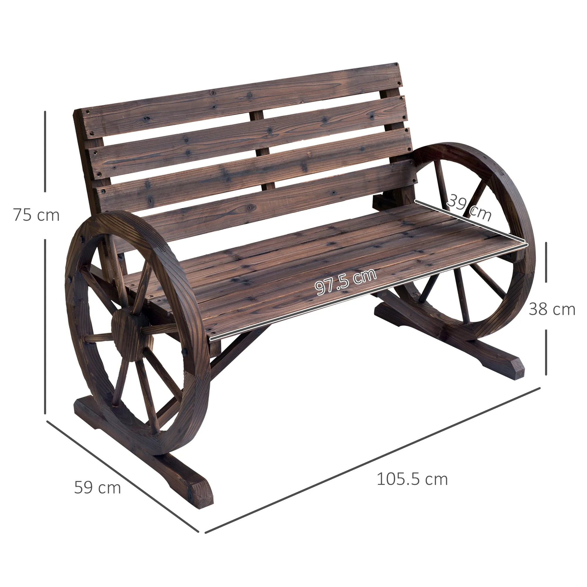 2-Seater Outdoor Bench, Country Style Garden Bench with Wooden Wheel Armrests, 105.5x59x75cm Brown - Image 3
