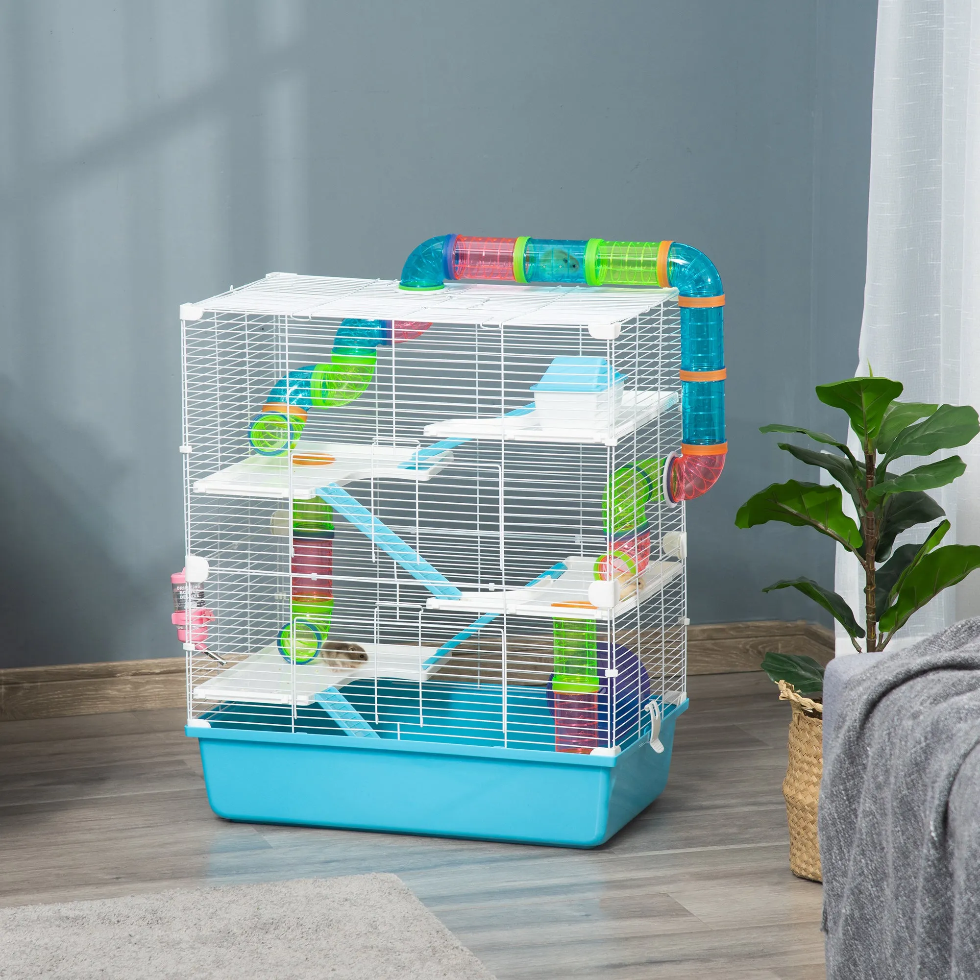 5-Tier Hamster Cage with Tubes, House, Water Tank and Wheel, 59x36x69 cm - Image 2