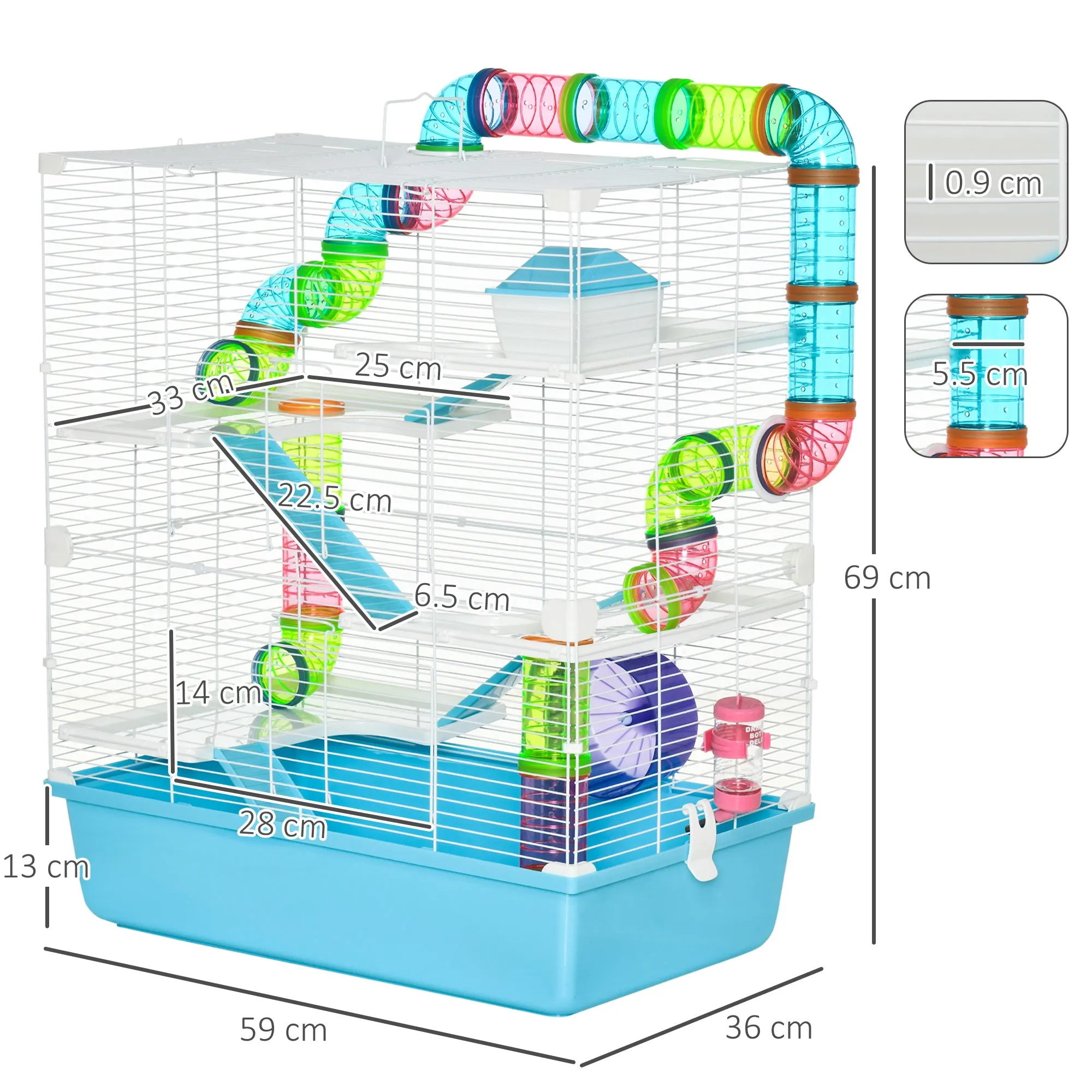5-Tier Hamster Cage with Tubes, House, Water Tank and Wheel, 59x36x69 cm - Image 3