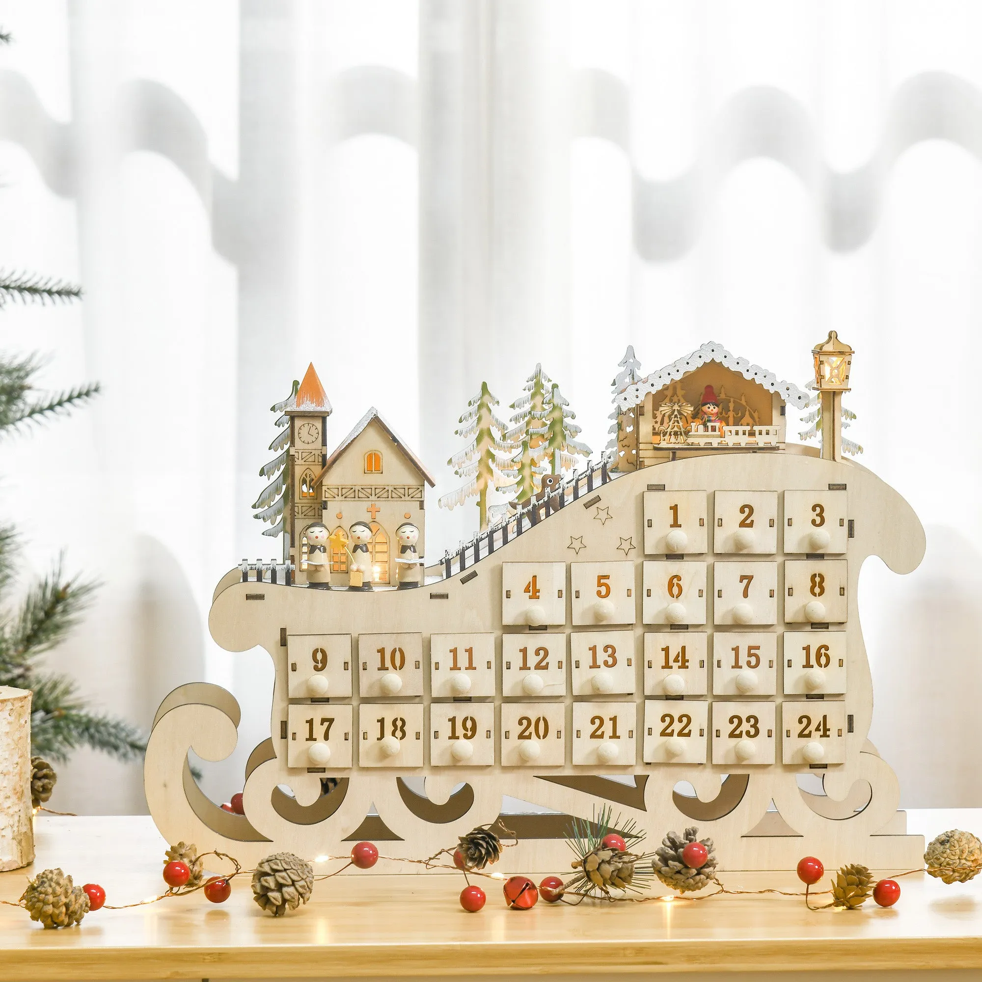 Wooden Sleigh Advent Calendar with 24 Fillable Drawers, Decorations and LED Lights, 45x10x31cm - Image 2