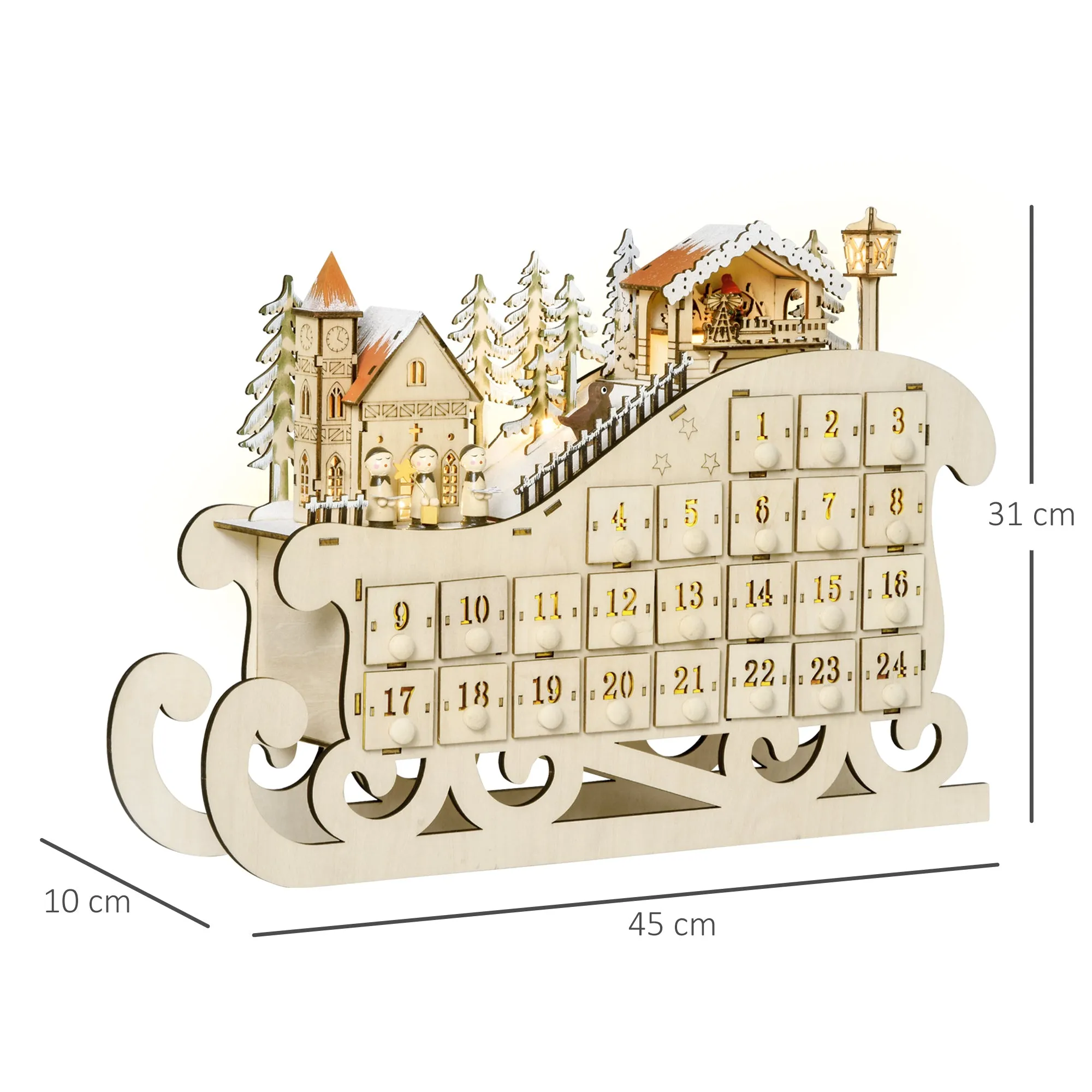 Wooden Sleigh Advent Calendar with 24 Fillable Drawers, Decorations and LED Lights, 45x10x31cm - Image 3