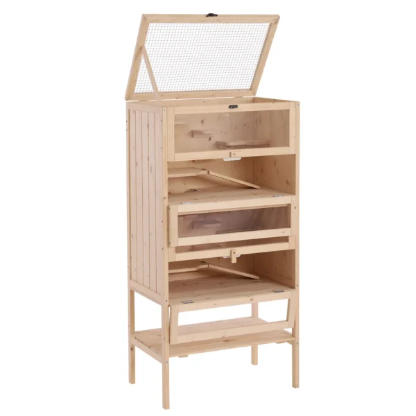 Solid Wood Hamster Cage for Rodents and Guinea Pigs with Opening Roof, 4 Connected Shelves with Ramps, 60x40x120cm