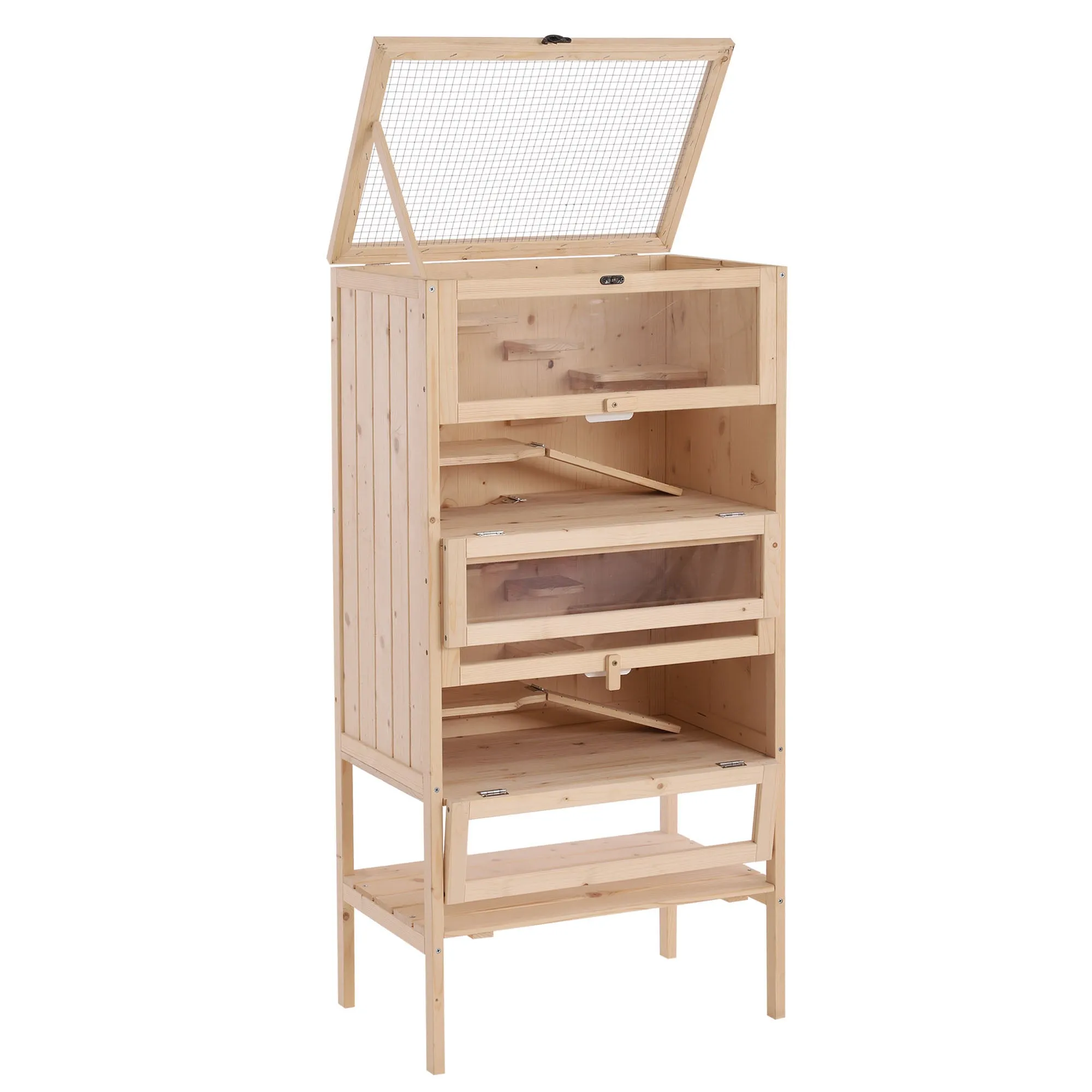 Solid Wood Hamster Cage for Rodents and Guinea Pigs with Opening Roof, 4 Connected Shelves with Ramps, 60x40x120cm