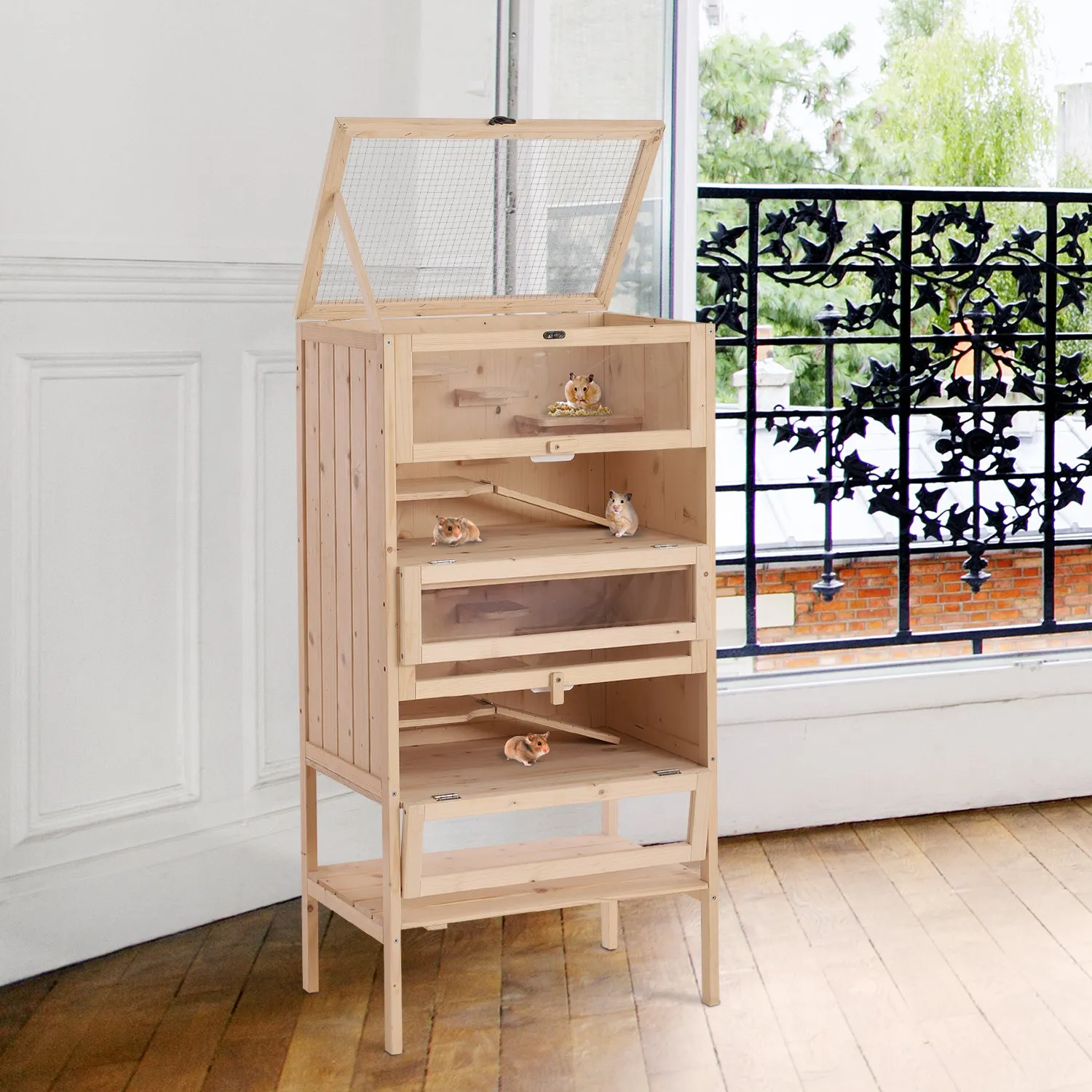 Solid Wood Hamster Cage for Rodents and Guinea Pigs with Opening Roof, 4 Connected Shelves with Ramps, 60x40x120cm - Image 2