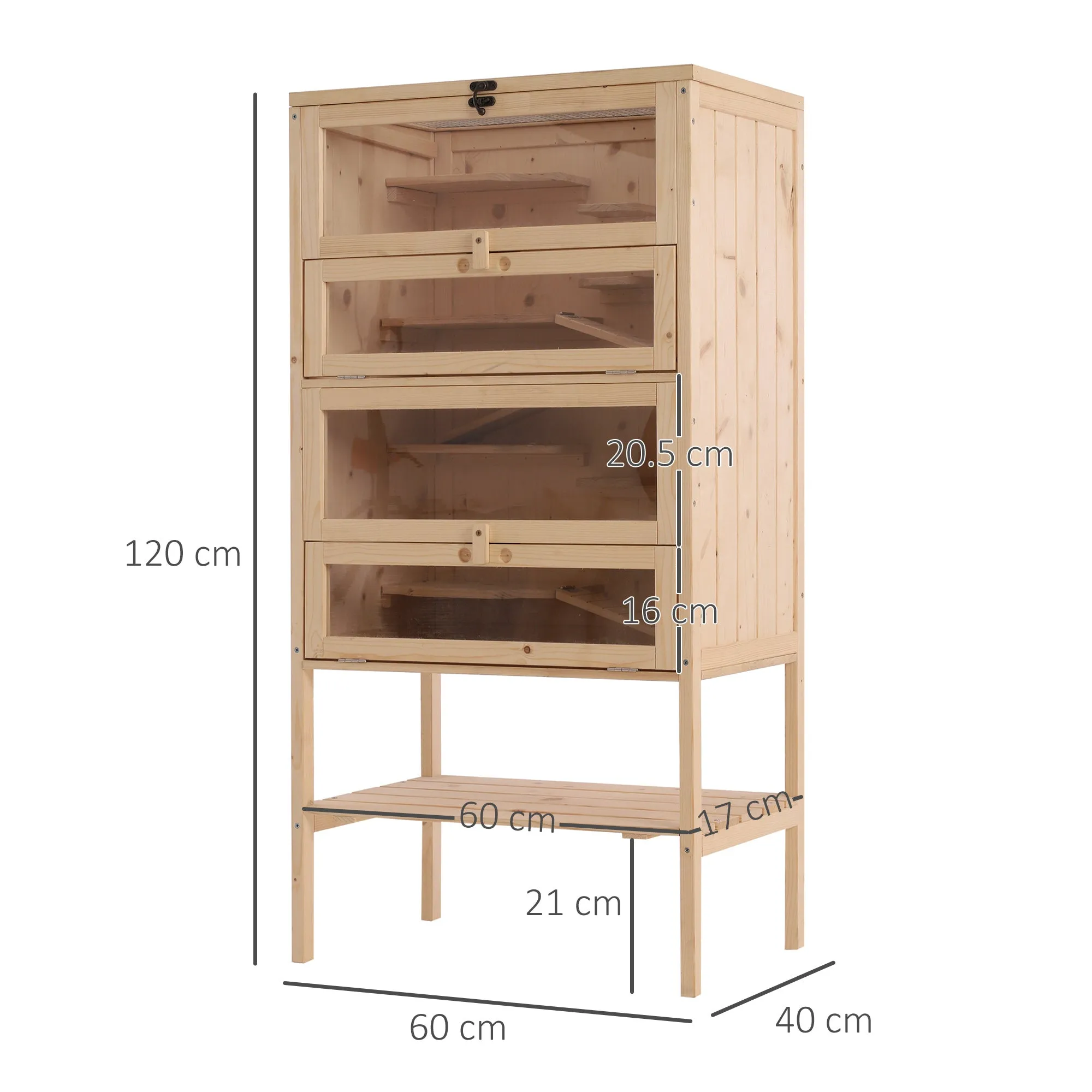 Solid Wood Hamster Cage for Rodents and Guinea Pigs with Opening Roof, 4 Connected Shelves with Ramps, 60x40x120cm - Image 3