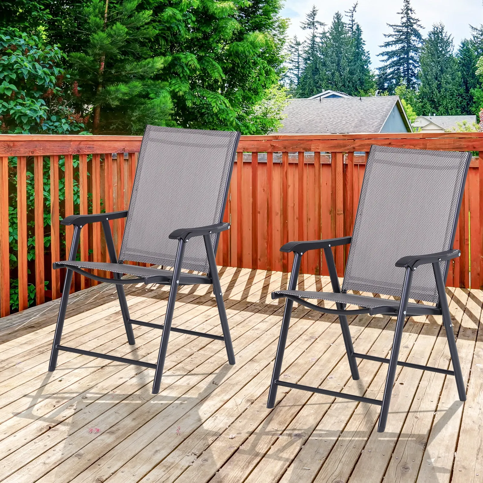 Set of 2 Folding Outdoor Chairs in Steel and Textilene for Garden, Veranda, Terrace, Grey, 58 x 64 x 94cm - Image 2