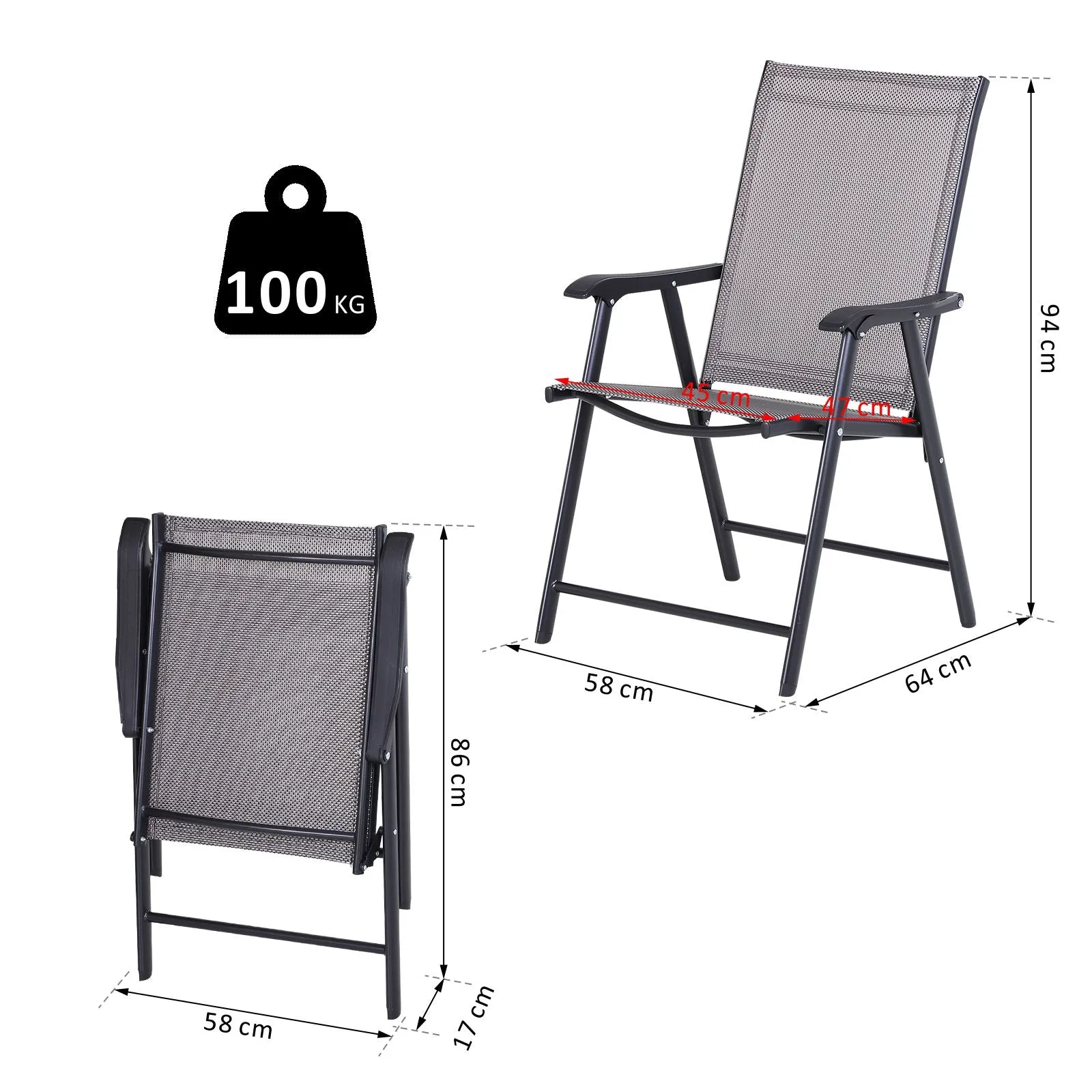 Set of 2 Folding Outdoor Chairs in Steel and Textilene for Garden, Veranda, Terrace, Grey, 58 x 64 x 94cm - Image 3