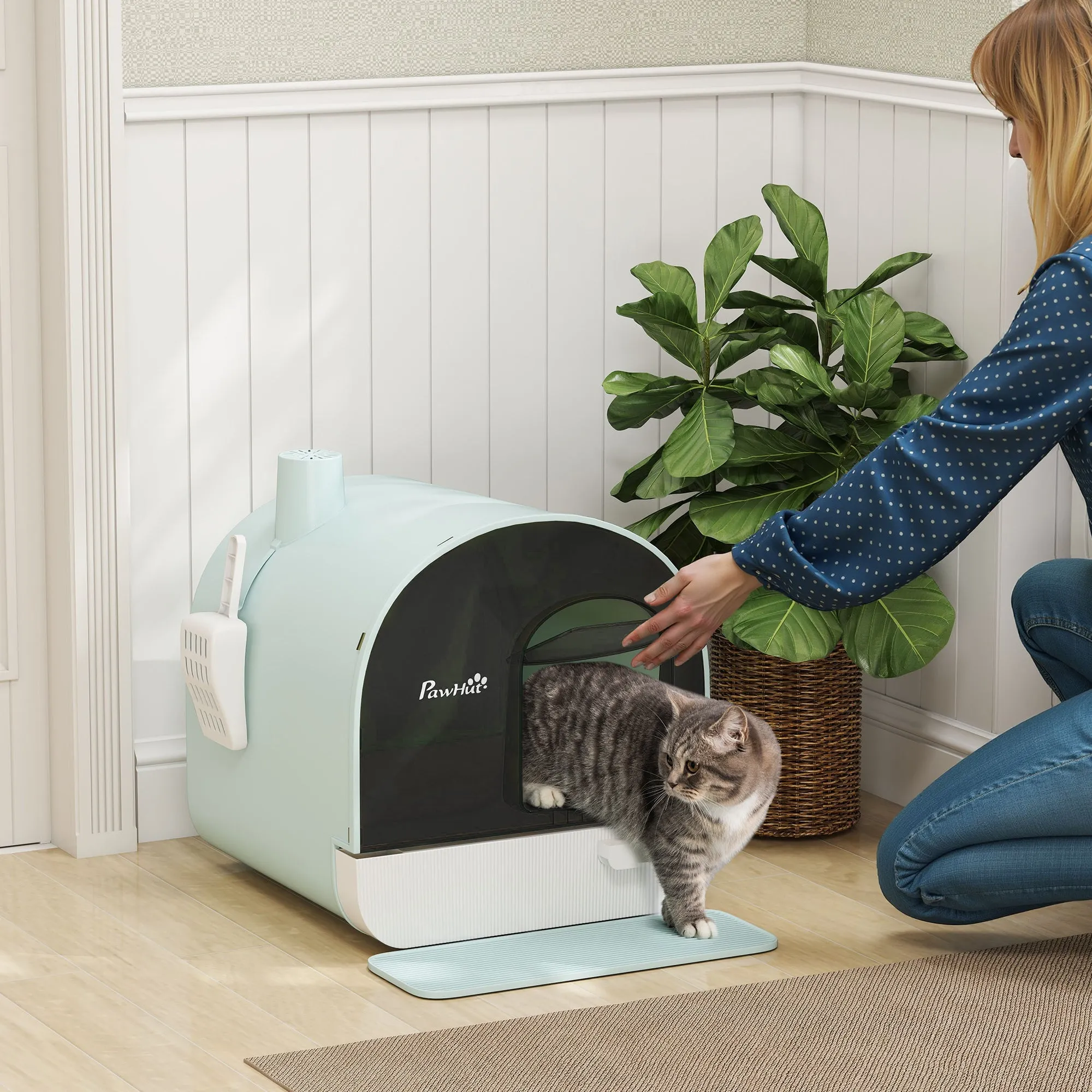 Closed Cat Litter Box with Filters, Scoop and Tray, PP Structure, 43x44x47cm, Green - Image 2