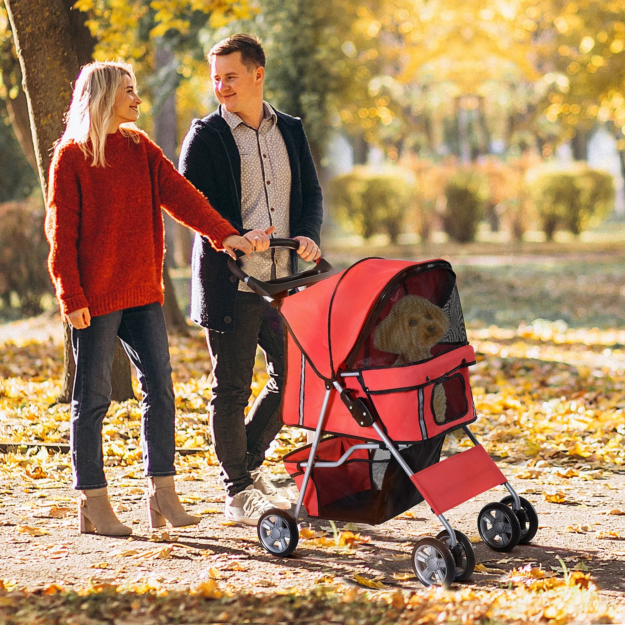 Folding Fabric Dog Stroller with Basket and Cup Holder, 75x45x97cm - Red - Image 2