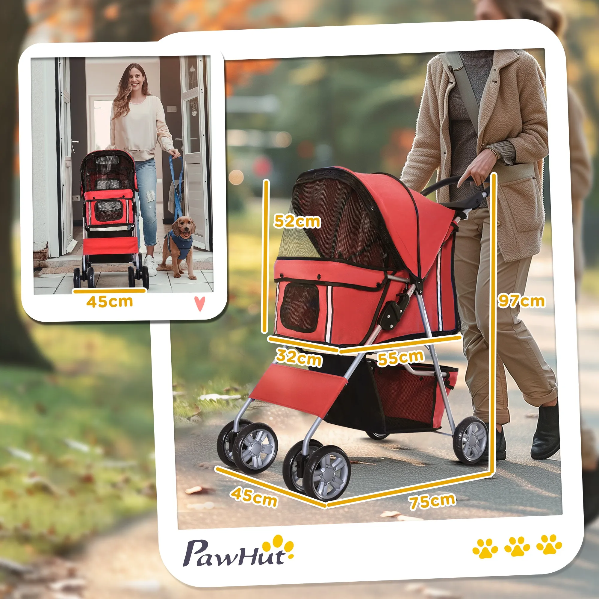Folding Fabric Dog Stroller with Basket and Cup Holder, 75x45x97cm - Red - Image 3