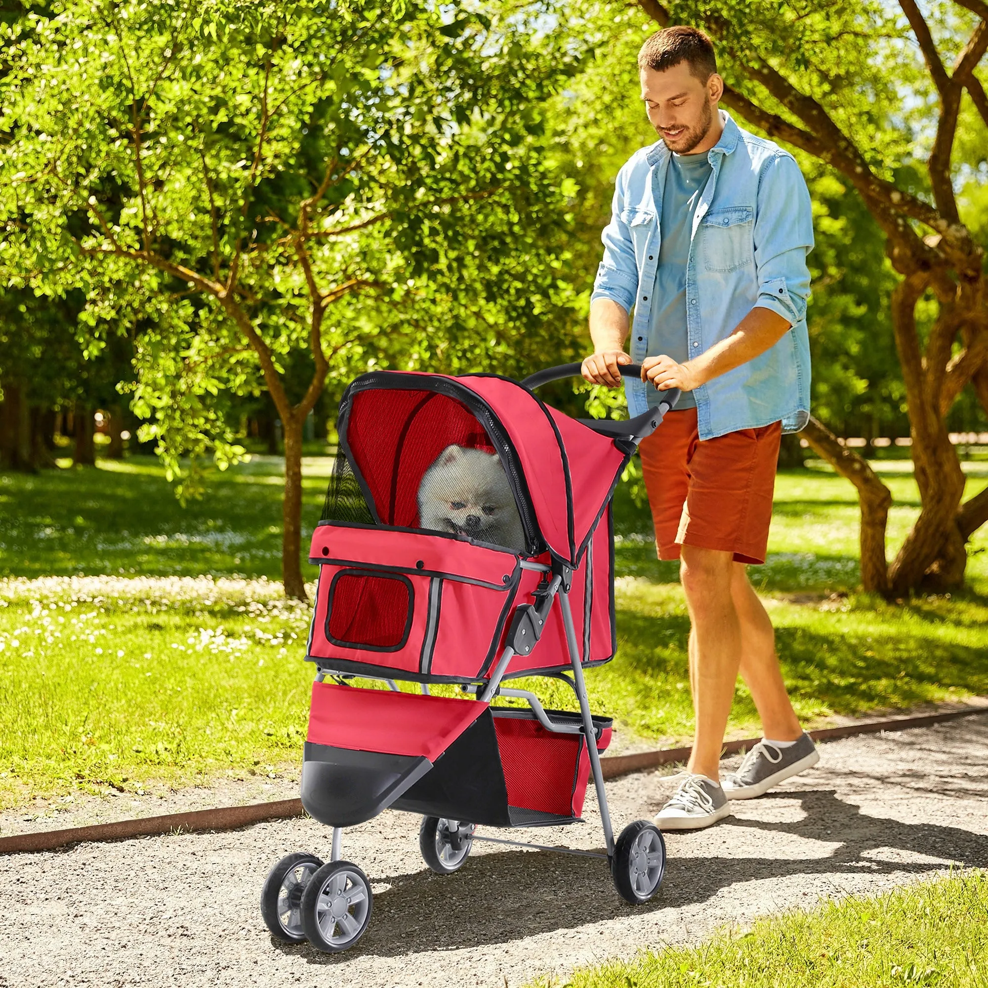 Folding Dog Stroller for Small Dogs, Dog Pushchair with Braked Wheels, Cup Holder, Storage Basket and Removable and Washable Padding, for Pets up to 10 kg, Red - Image 2