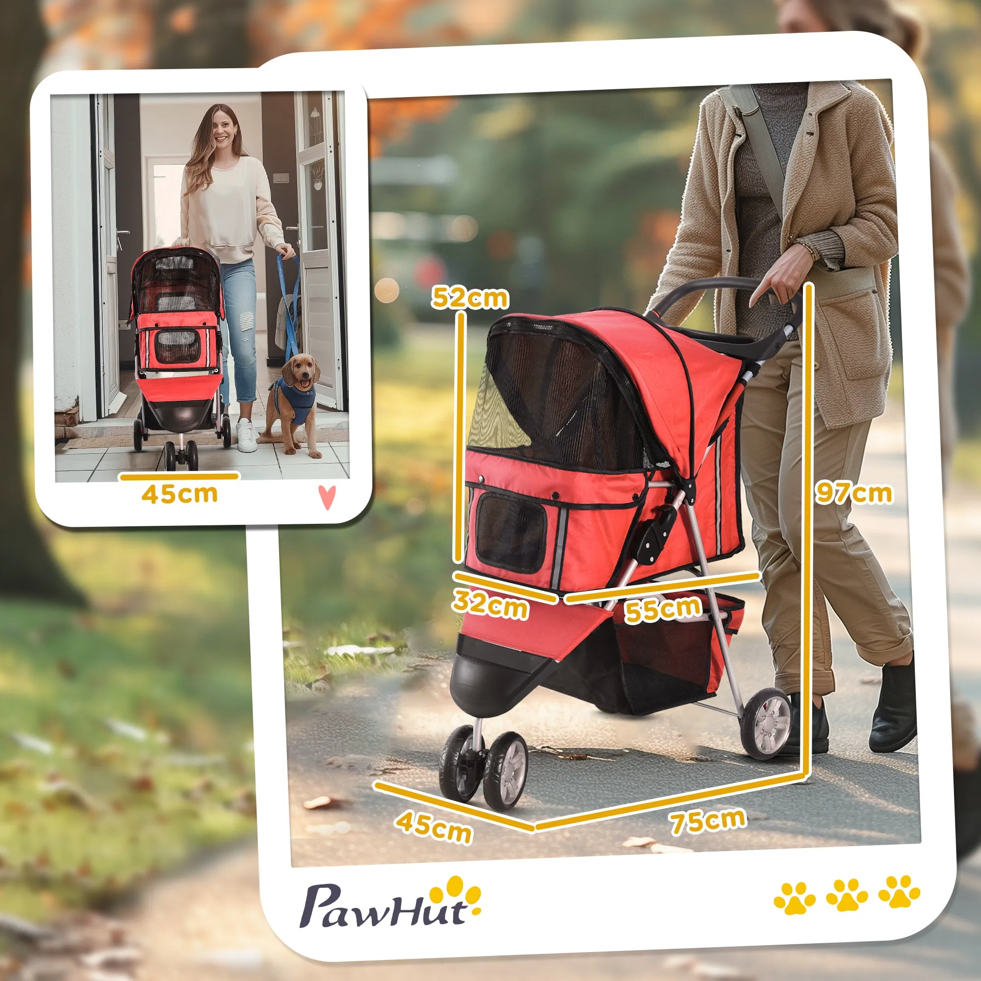 Folding Dog Stroller for Small Dogs, Dog Pushchair with Braked Wheels, Cup Holder, Storage Basket and Removable and Washable Padding, for Pets up to 10 kg, Red - Image 3