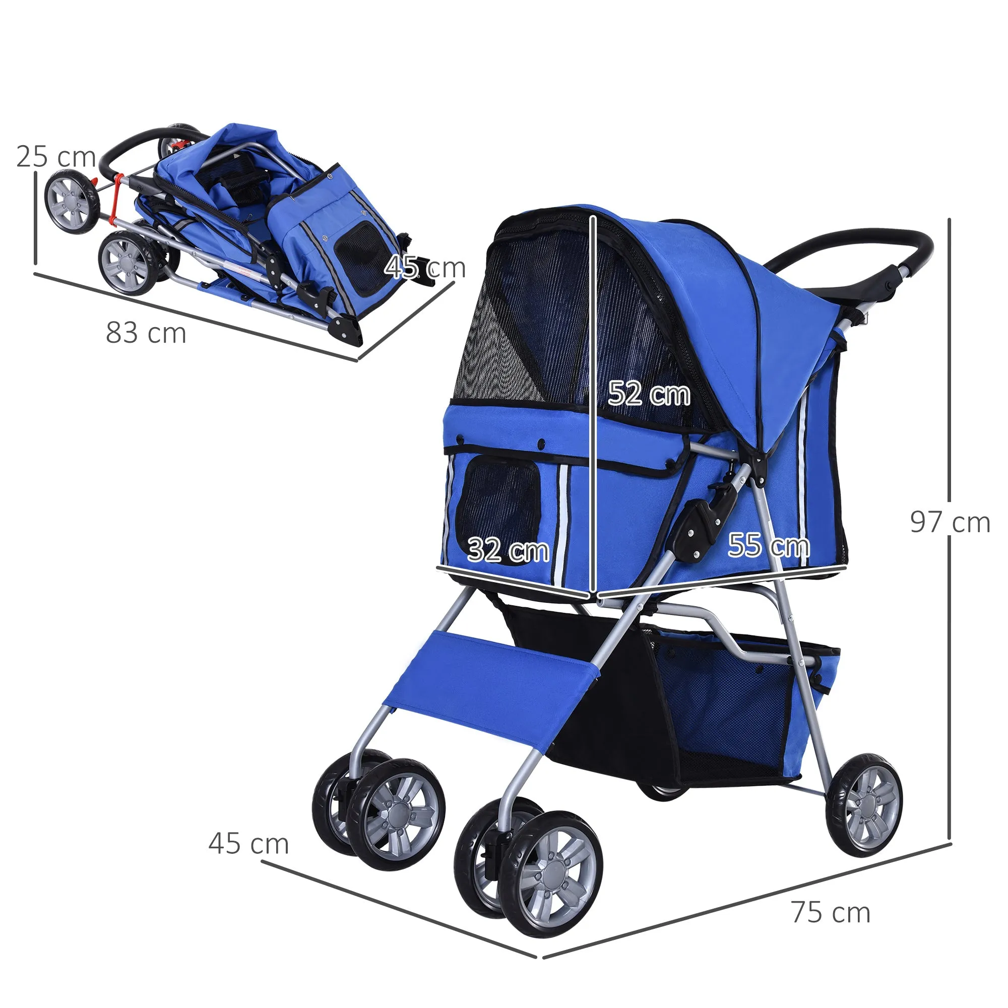 Folding Fabric Dog Stroller with Basket and Cup Holder, 75x45x97 cm, Blue - Image 3