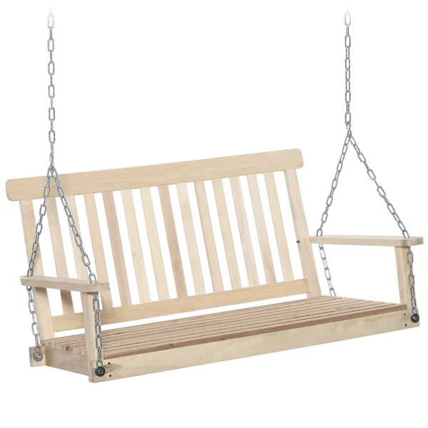 2-Person Outdoor Hanging Swing in Wood and Metal Chains, Natural Color 119x65x61cm