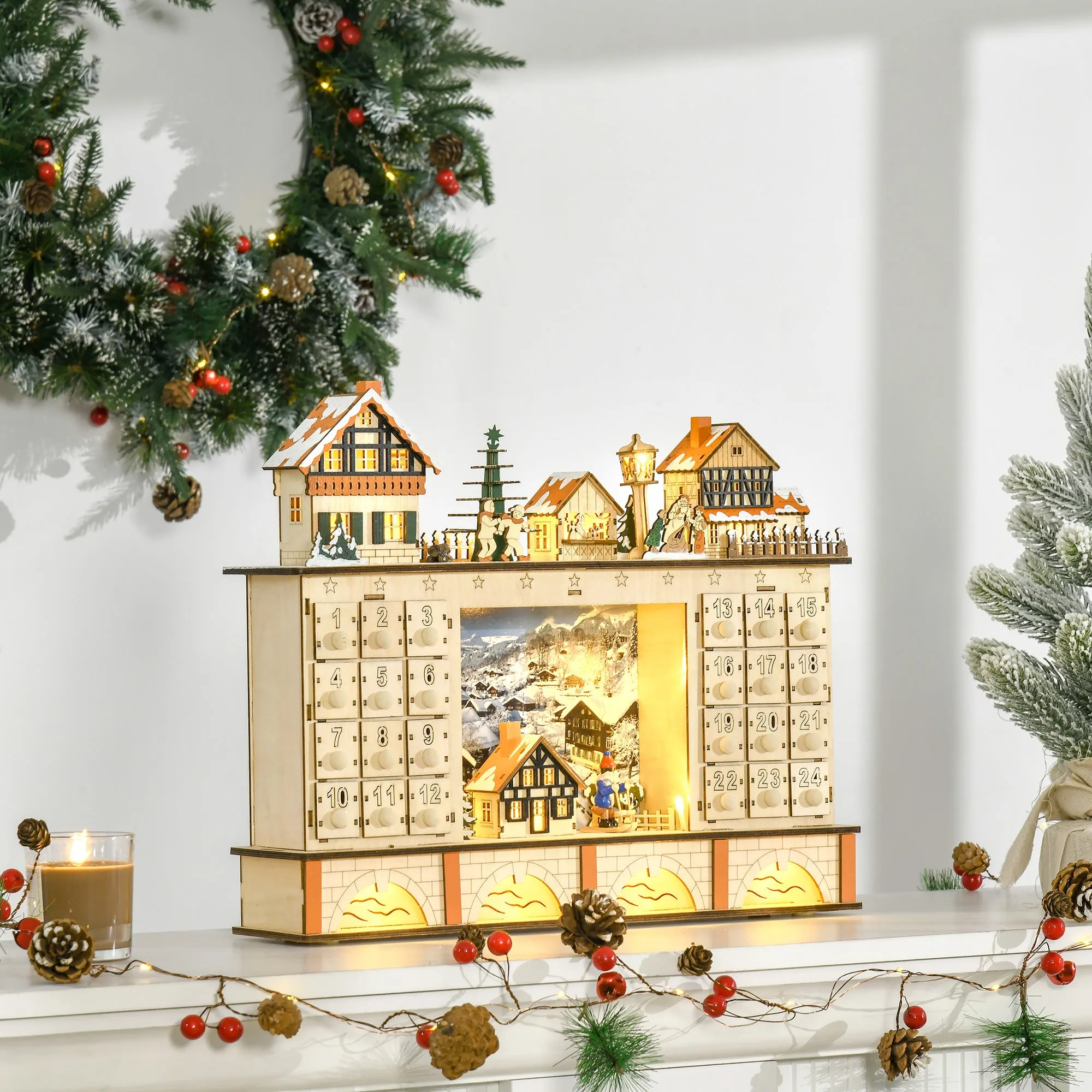 Wooden Advent Calendar with 24 Drawers to Fill, Christmas Village Decoration and Lights, 44x10x37cm - Image 2