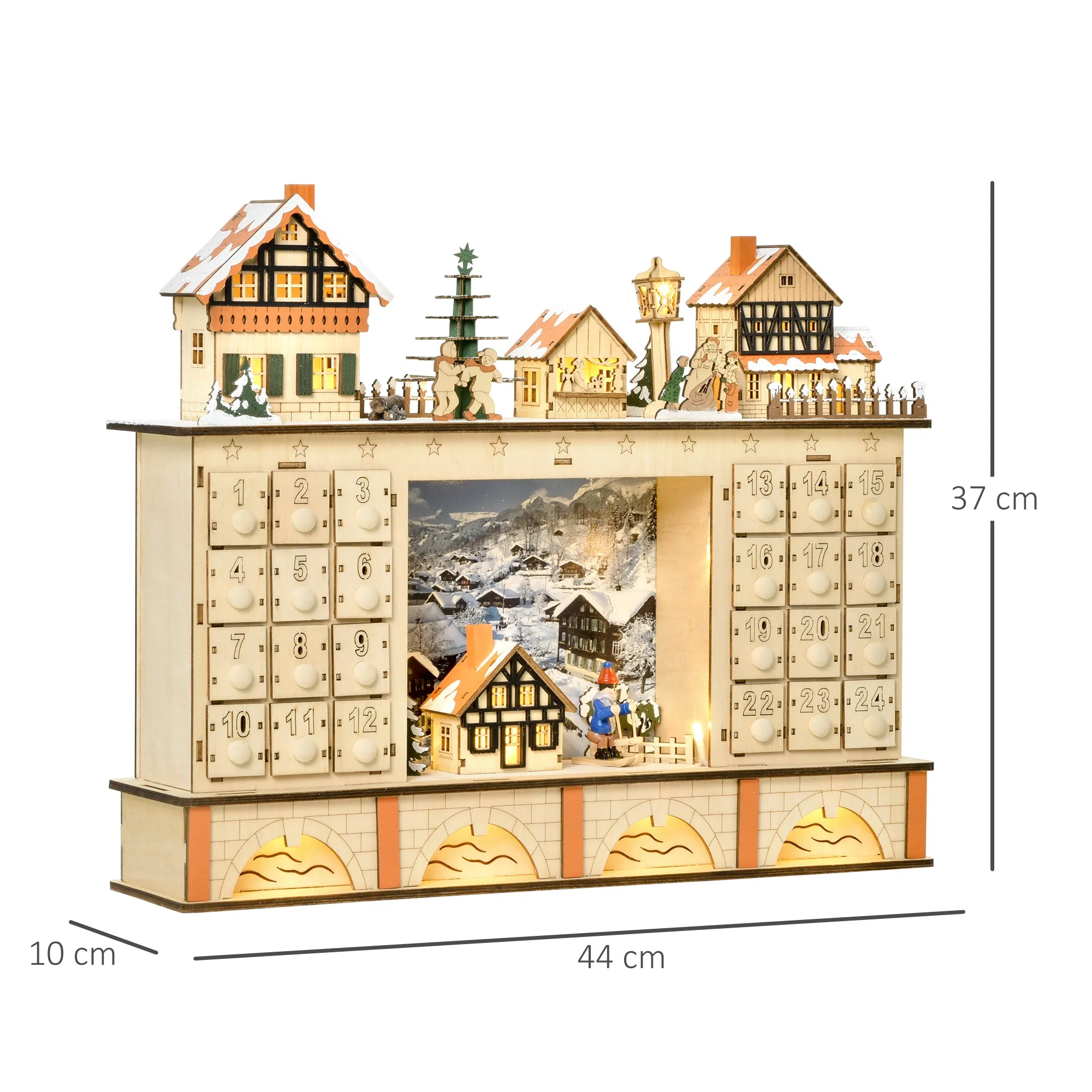 Wooden Advent Calendar with 24 Drawers to Fill, Christmas Village Decoration and Lights, 44x10x37cm - Image 3