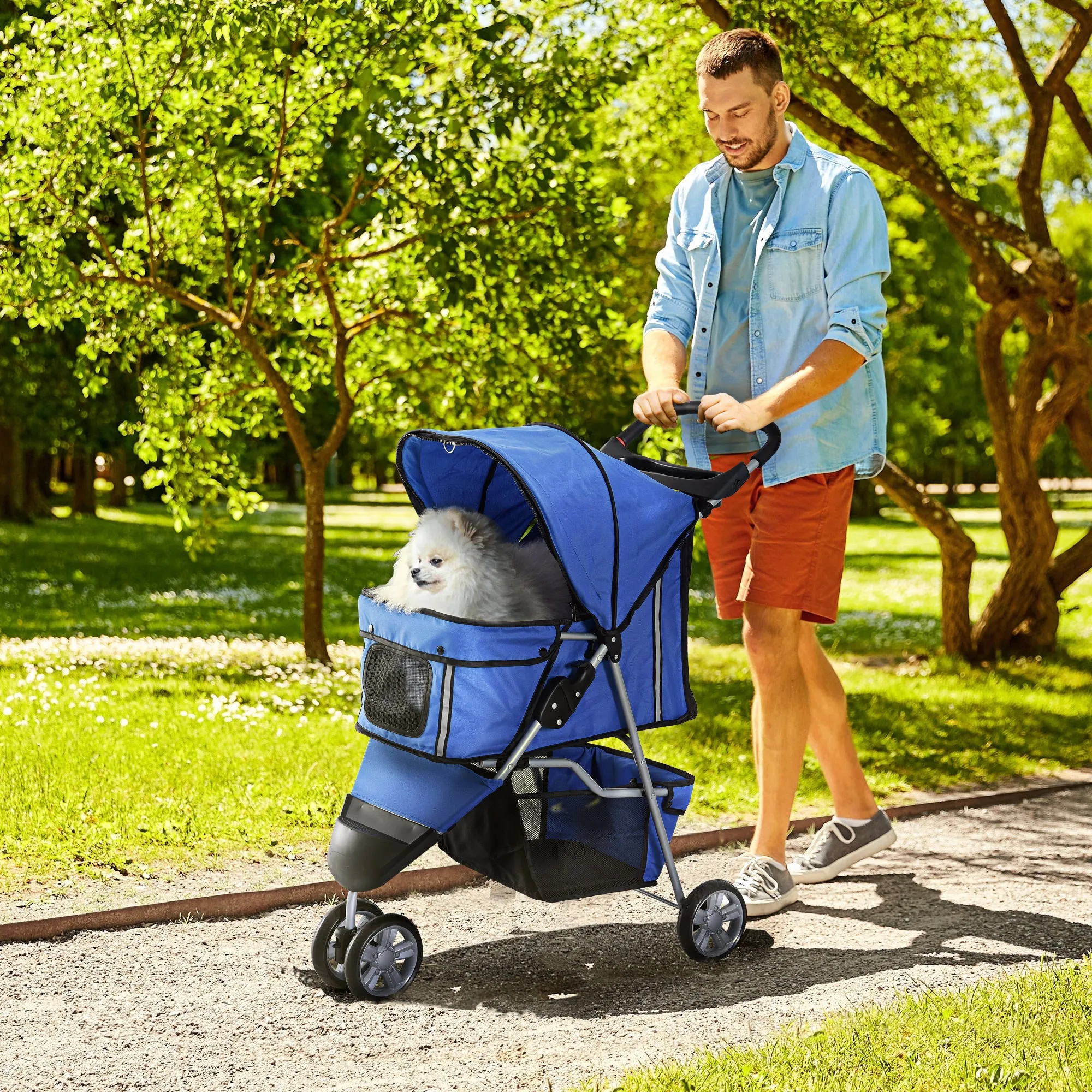 Folding Dog Stroller for Small Dogs, Dog Pushchair with Braked Wheels, Cup Holder, Storage Basket and Removable and Washable Padding, for Pets up to 10 kg, Blue - Image 2