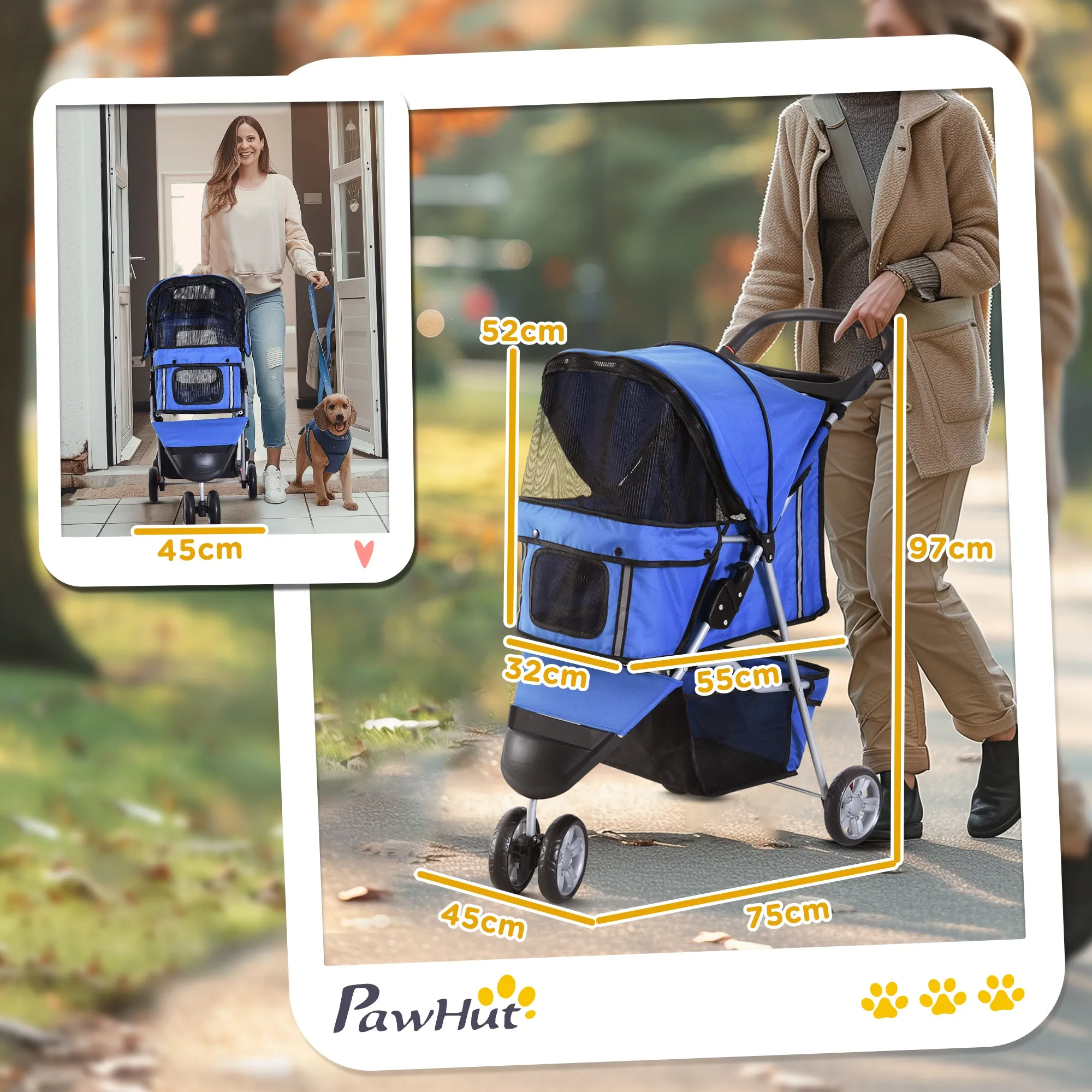 Folding Dog Stroller for Small Dogs, Dog Pushchair with Braked Wheels, Cup Holder, Storage Basket and Removable and Washable Padding, for Pets up to 10 kg, Blue - Image 3