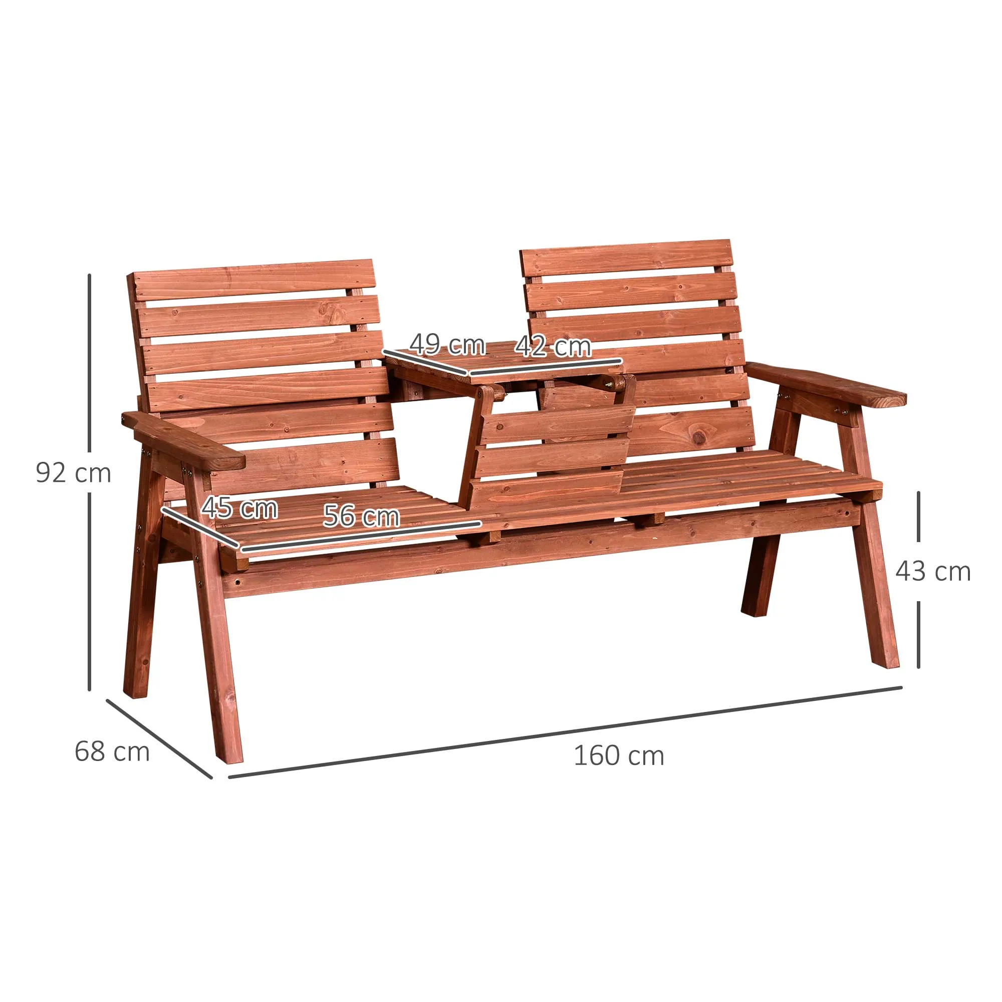 2 or 3-Seater Outdoor Bench in Fir Wood, Convertible Table in Seat, Waterproof, 160x68x92cm - Image 3
