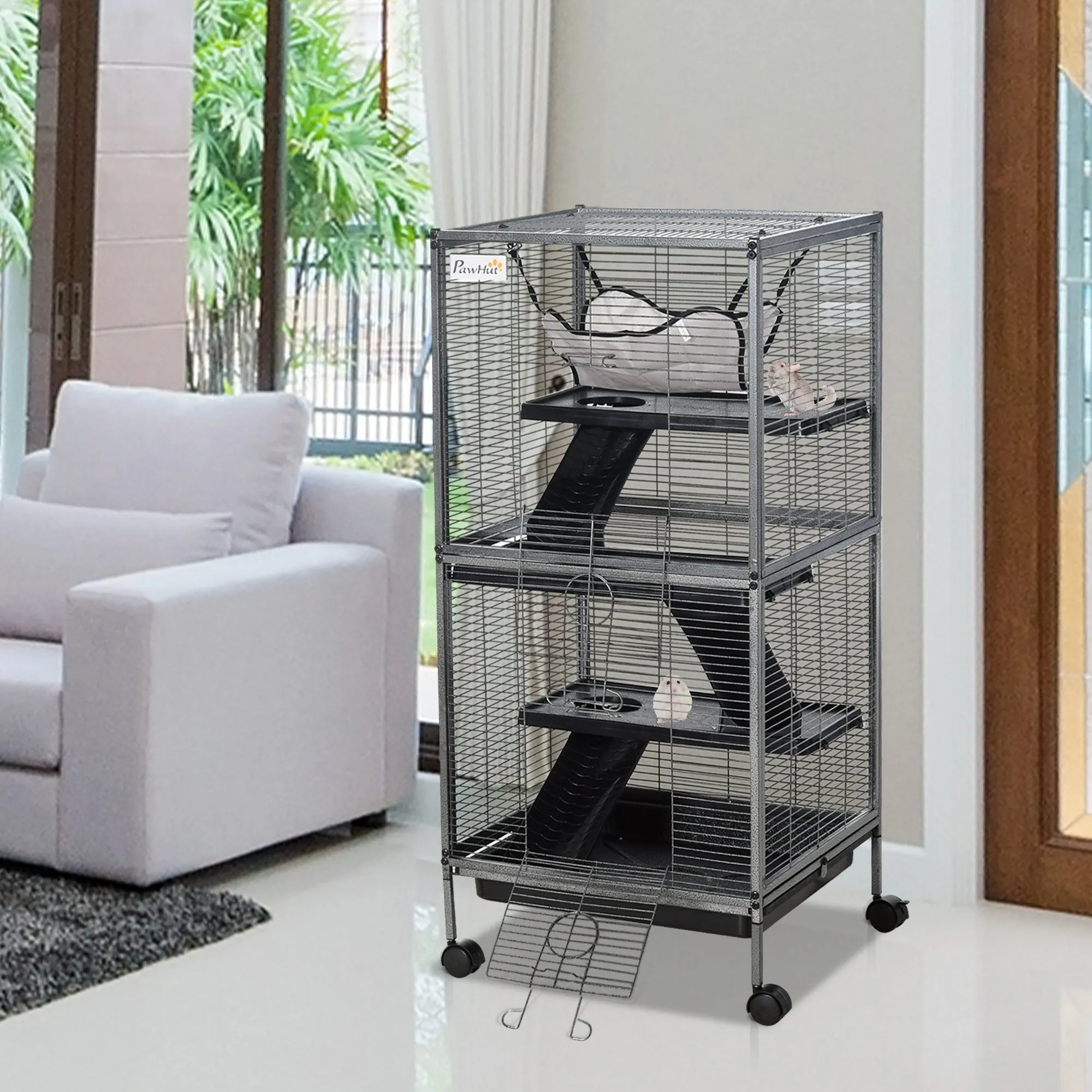 Small Pet Cage, Steel Guinea Pig and Chinchilla Cage with 3 Levels, 4 Wheels, Hammock and Removable Tray, 52 x 52 x 113.5cm, Silver Grey - Image 2