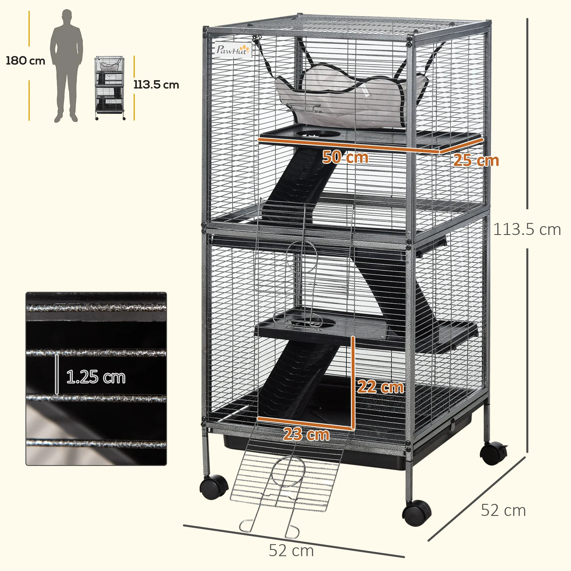 Small Pet Cage, Steel Guinea Pig and Chinchilla Cage with 3 Levels, 4 Wheels, Hammock and Removable Tray, 52 x 52 x 113.5cm, Silver Grey - Image 3