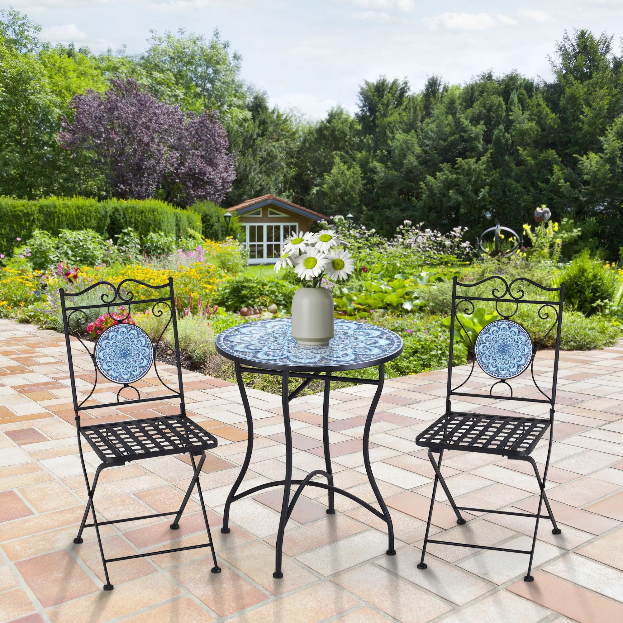 3-Piece Garden Set, Coffee Table and 2 Folding Chairs with Mosaic, Blue - Image 2