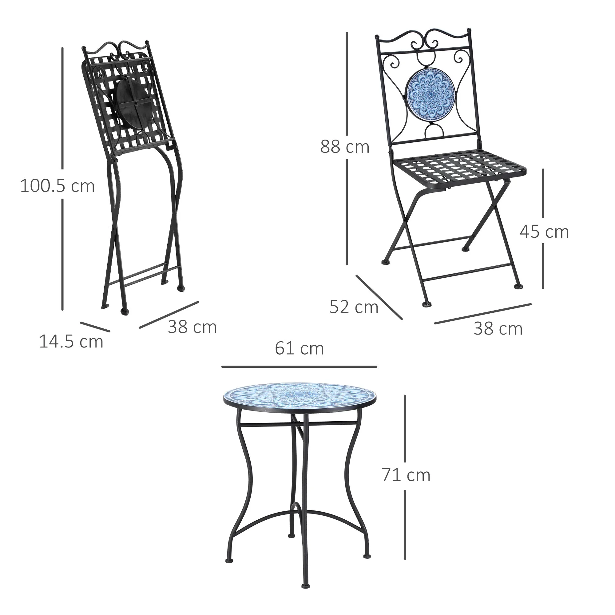 3-Piece Garden Set, Coffee Table and 2 Folding Chairs with Mosaic, Blue - Image 3