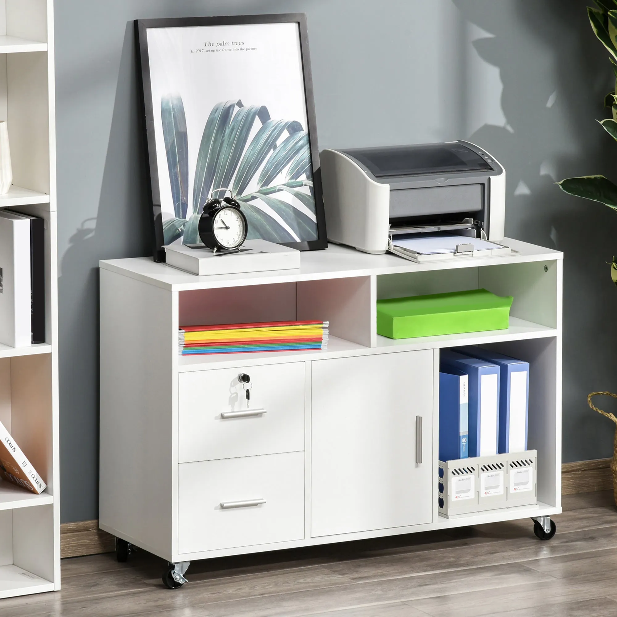 Printer Stand with Drawers, Multipurpose Cabinet for Office and Home, White, 100x35x65cm - Image 2
