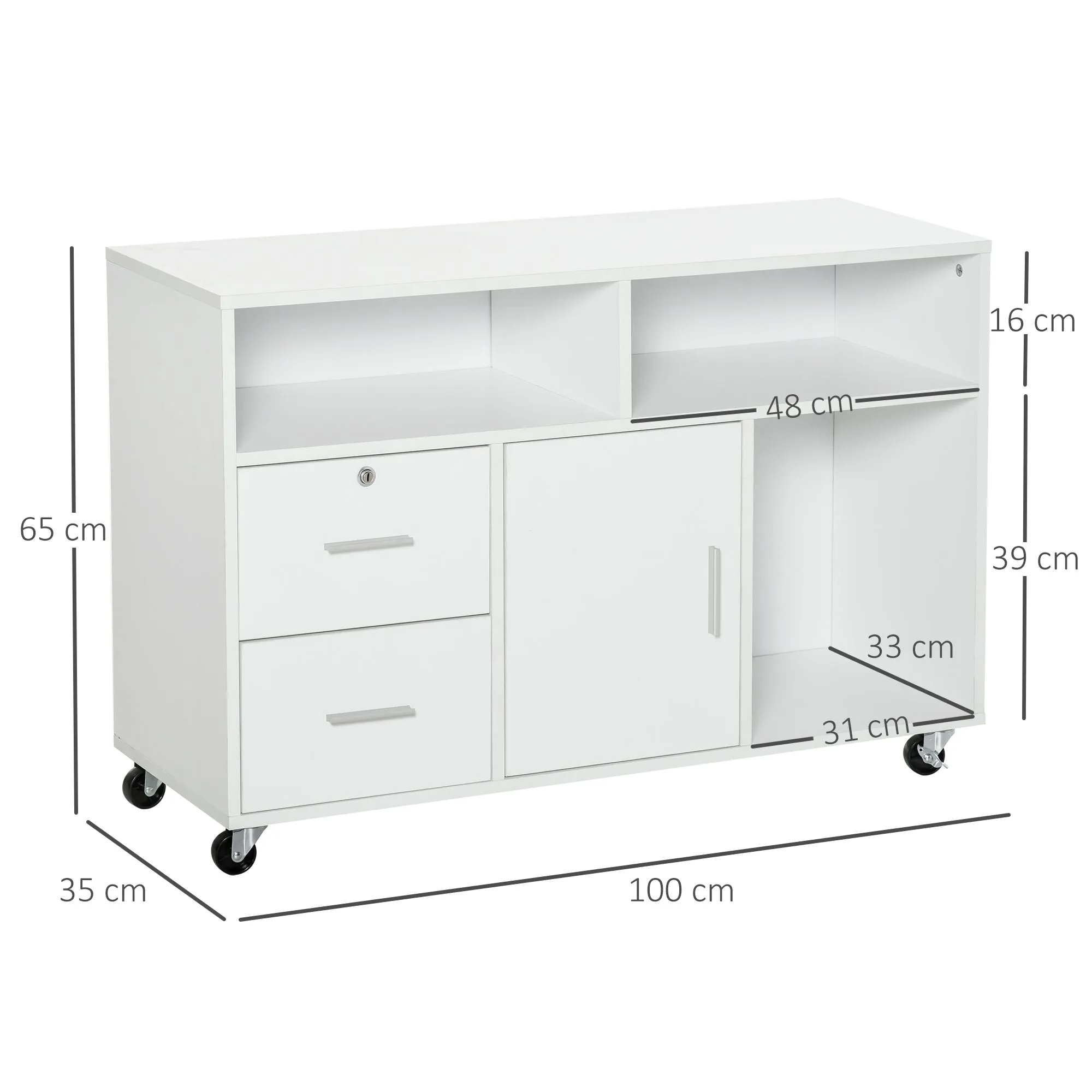Printer Stand with Drawers, Multipurpose Cabinet for Office and Home, White, 100x35x65cm - Image 3