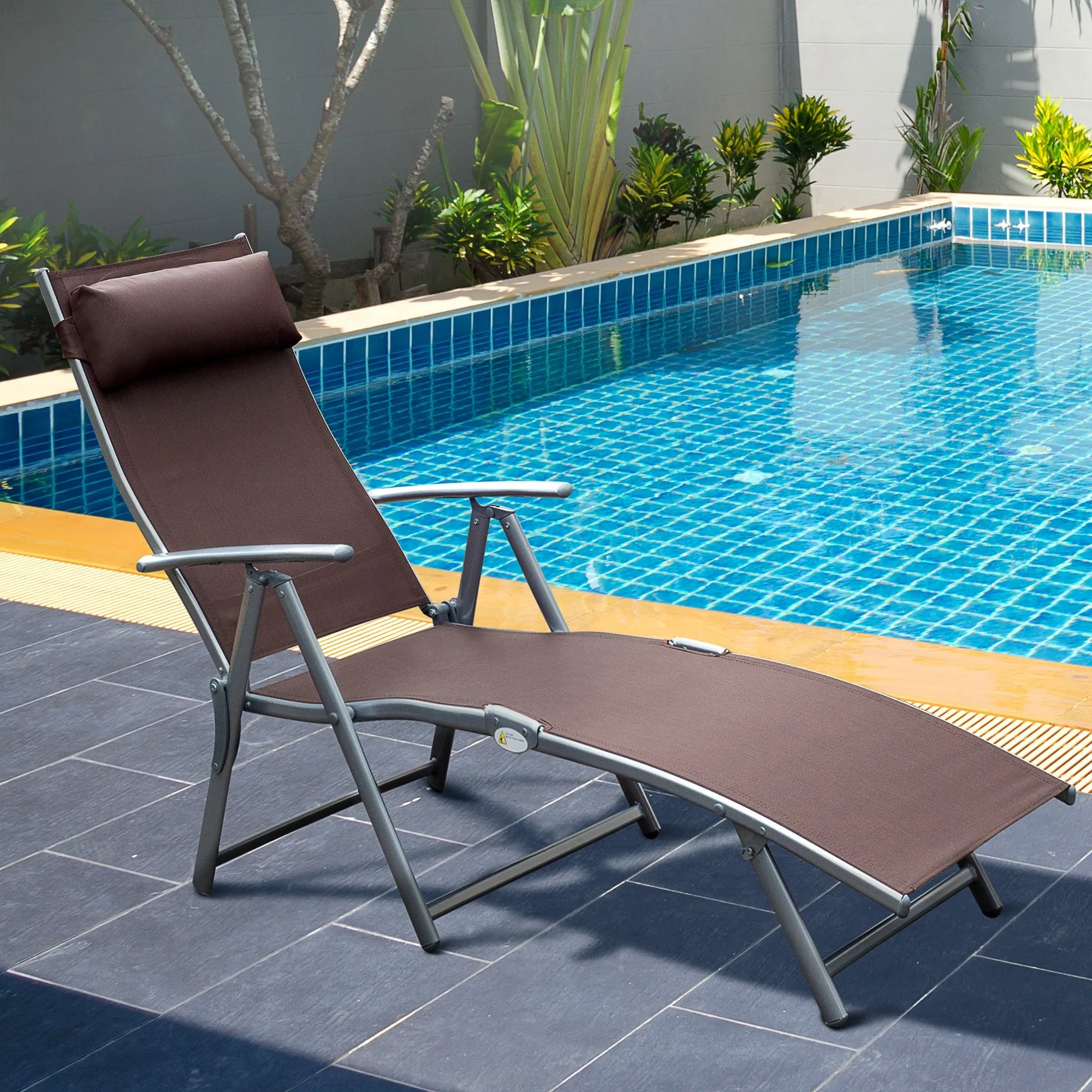 Folding Garden Lounger with Cushion, 7-Reclining Backrest, 137x63.5x100.5cm, Brown - Image 2
