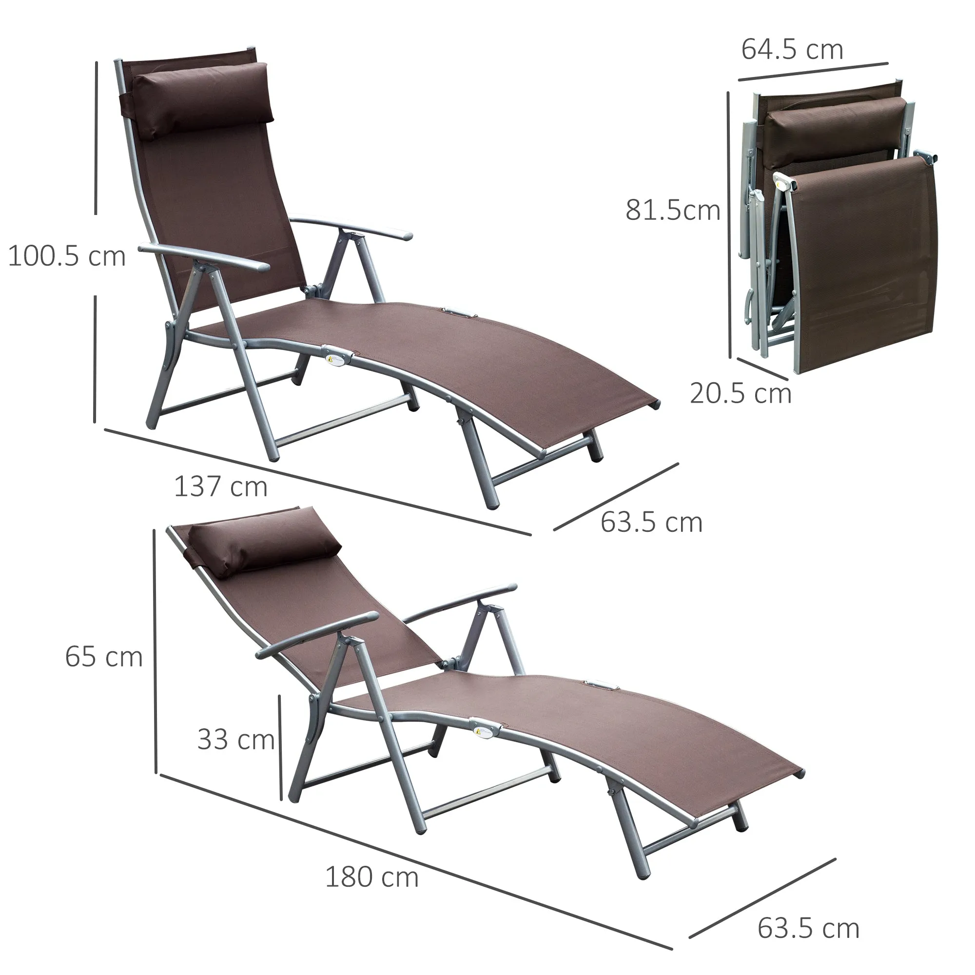 Folding Garden Lounger with Cushion, 7-Reclining Backrest, 137x63.5x100.5cm, Brown - Image 3