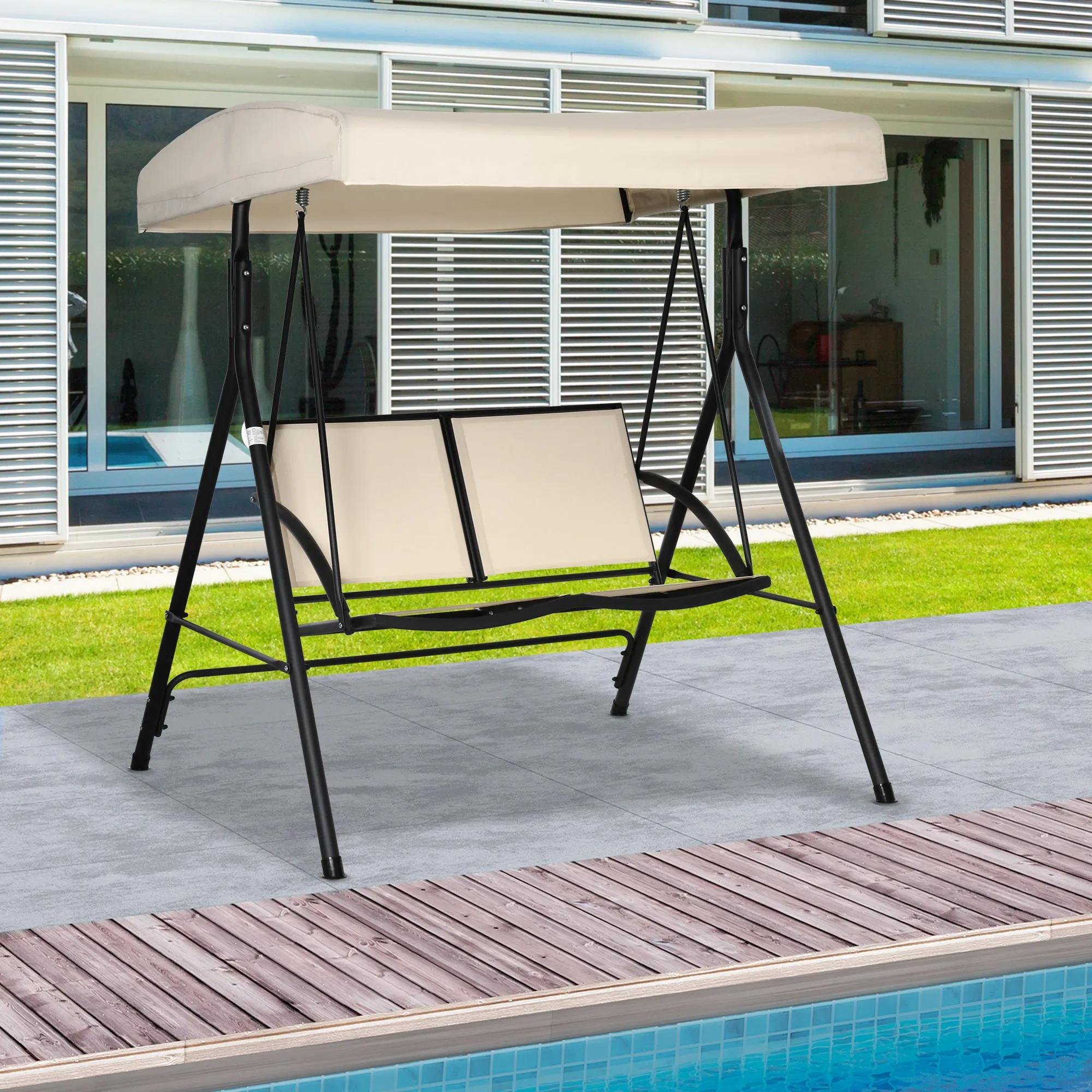 2-Seater Garden Swing with Adjustable Canopy, 140x118x162cm Beige - Image 2