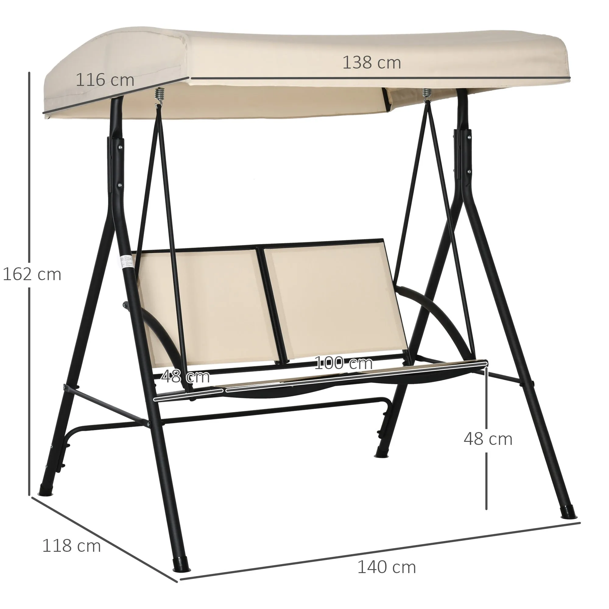 2-Seater Garden Swing with Adjustable Canopy, 140x118x162cm Beige - Image 3