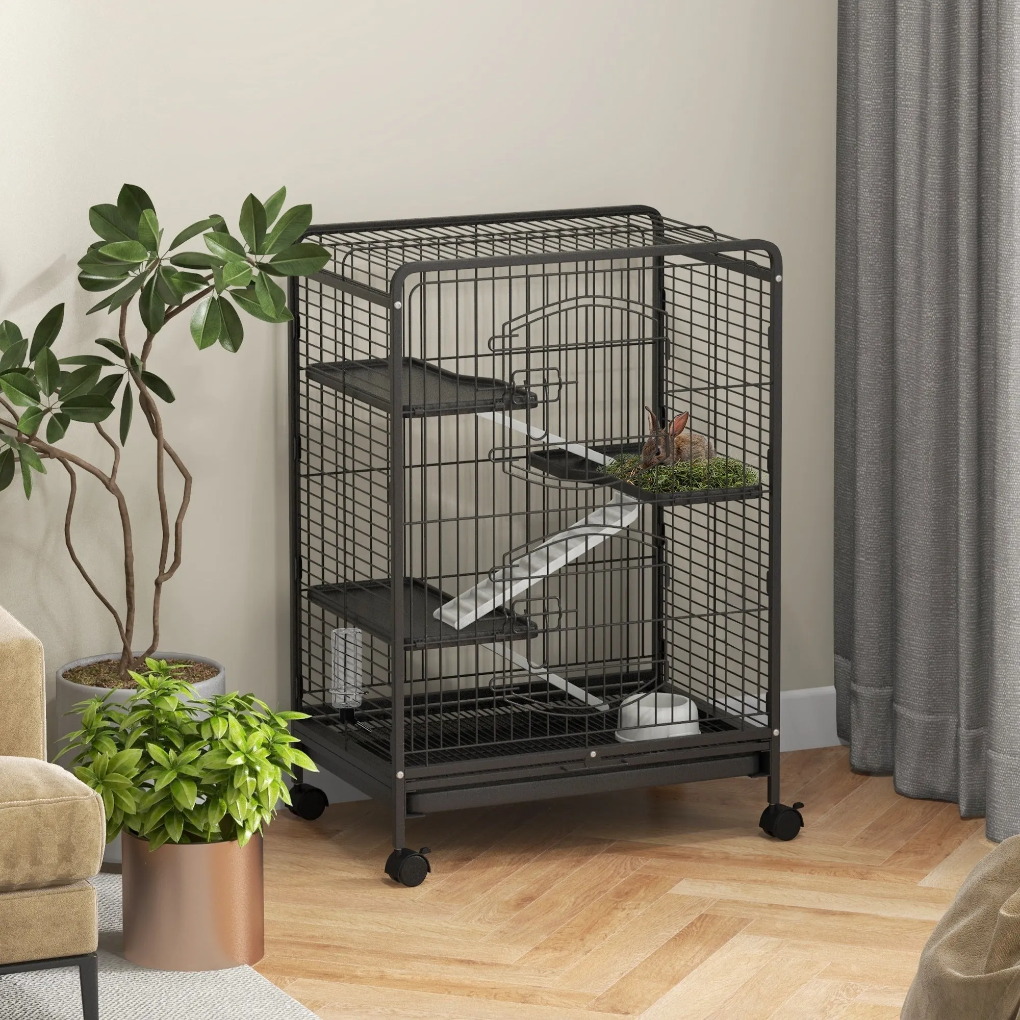 Small Animal Cage with Wheels, Rabbit and Chinchilla Cage with 3 Ramps and 3 Platforms, Bowl and Bottle, 61.5x44x95 cm, Black - Image 2