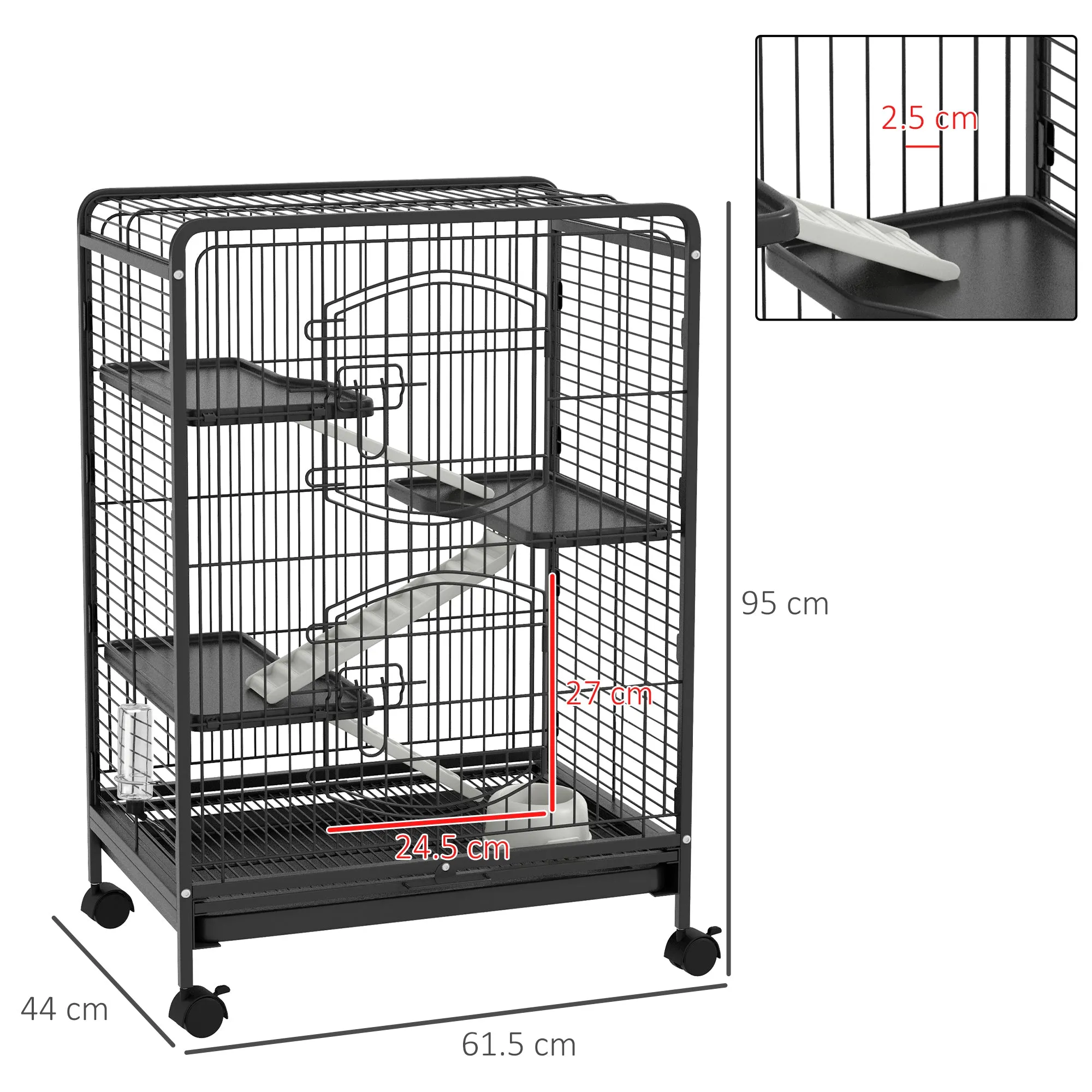 Small Animal Cage with Wheels, Rabbit and Chinchilla Cage with 3 Ramps and 3 Platforms, Bowl and Bottle, 61.5x44x95 cm, Black - Image 3