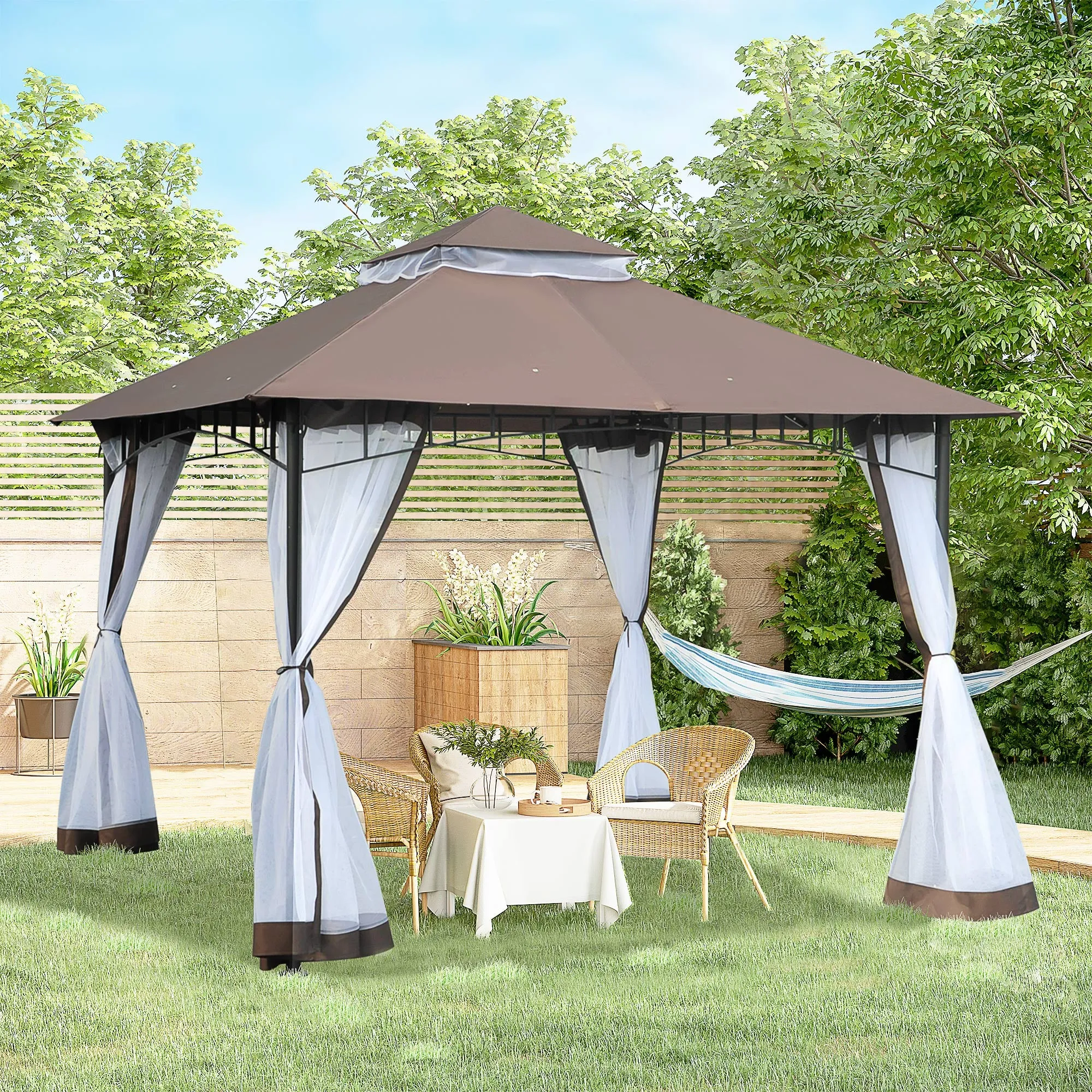 3x3m Garden Gazebo with Mosquito Net, Two-Tier Roof and Brown Metal Frame - Image 2