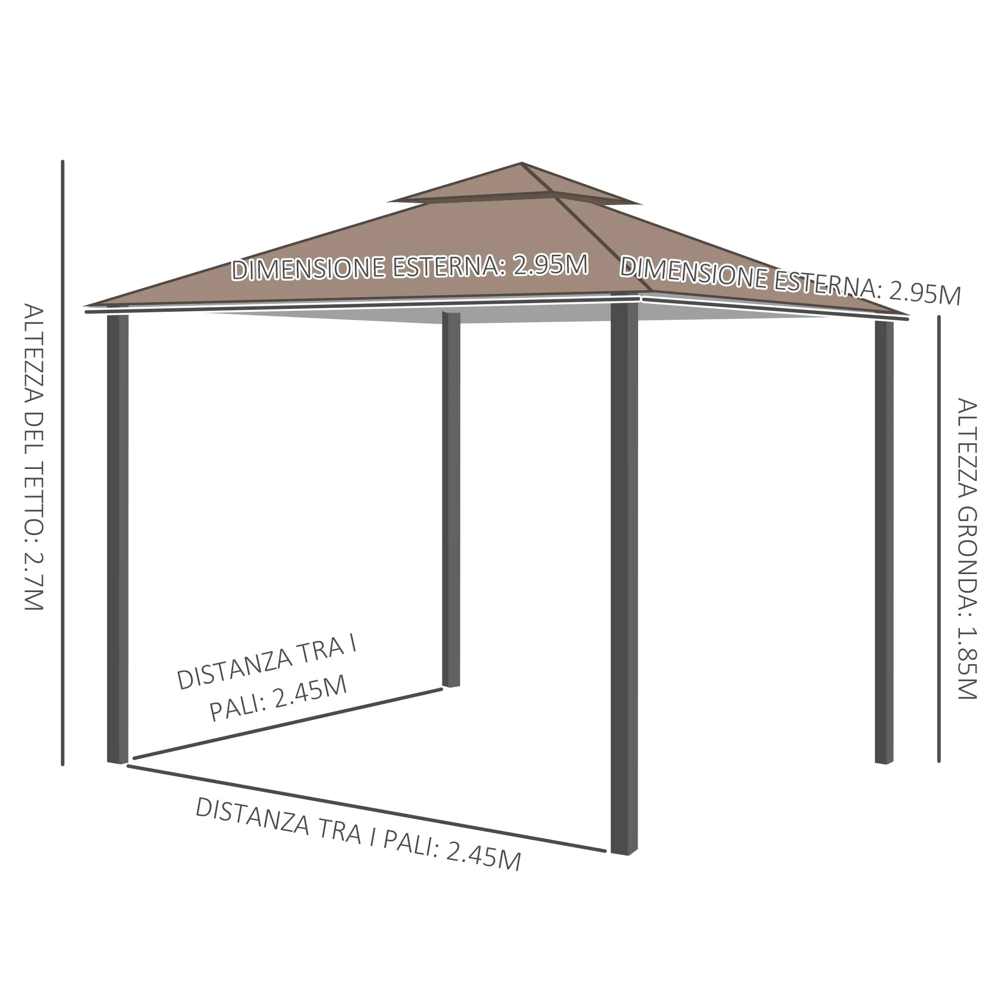 3x3m Garden Gazebo with Mosquito Net, Two-Tier Roof and Brown Metal Frame - Image 3