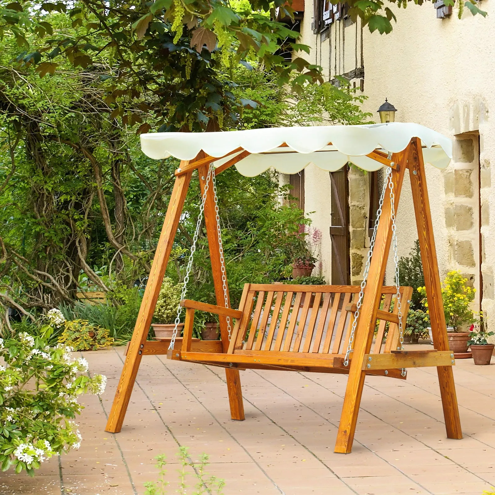 Classic Style Garden Swing Solid Pine Wood Compliant with FS Standards Polyester Fabric Sun Shade Canopy with PA Coating 162x130x185cm 240kg - Image 2