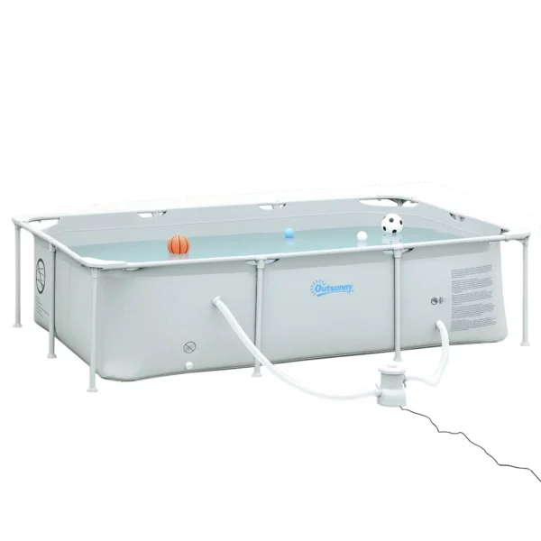 Freestanding Above Ground Pool, Rectangular Rigid Pool with Filter and Valve in Steel and PVC, Grey, 252x152x65cm