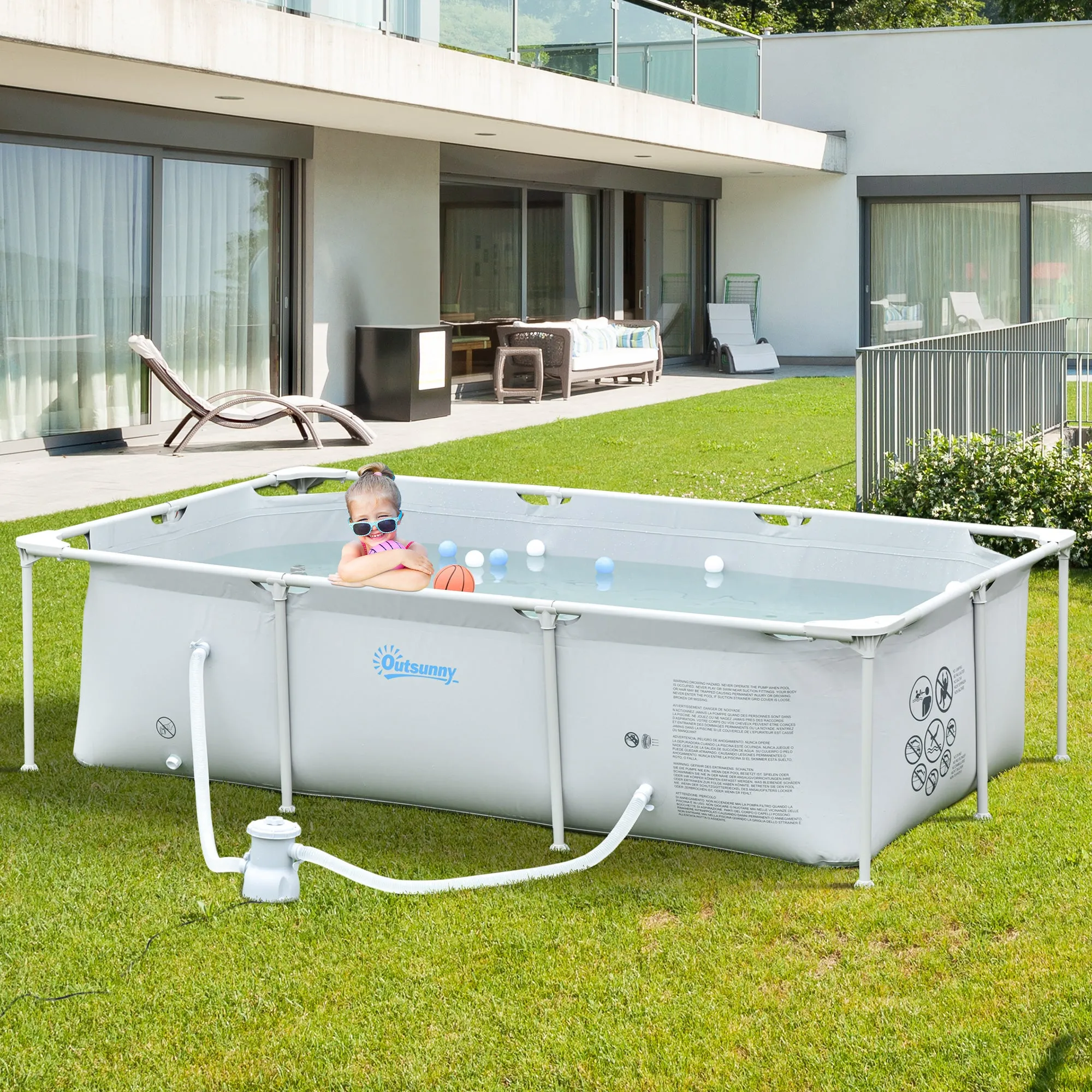 Freestanding Above Ground Pool, Rectangular Rigid Pool with Filter and Valve in Steel and PVC, Grey, 252x152x65cm - Image 2