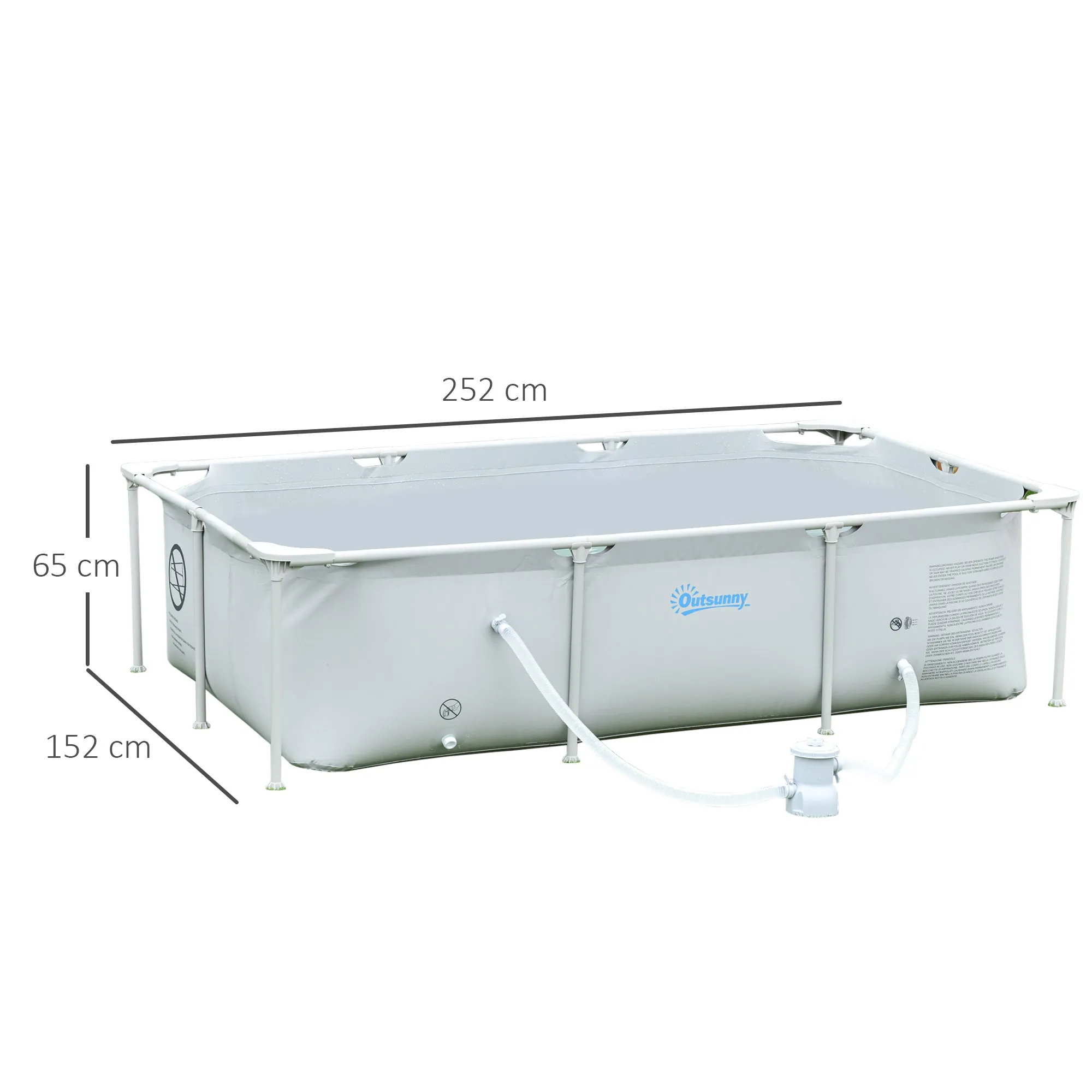 Freestanding Above Ground Pool, Rectangular Rigid Pool with Filter and Valve in Steel and PVC, Grey, 252x152x65cm - Image 3