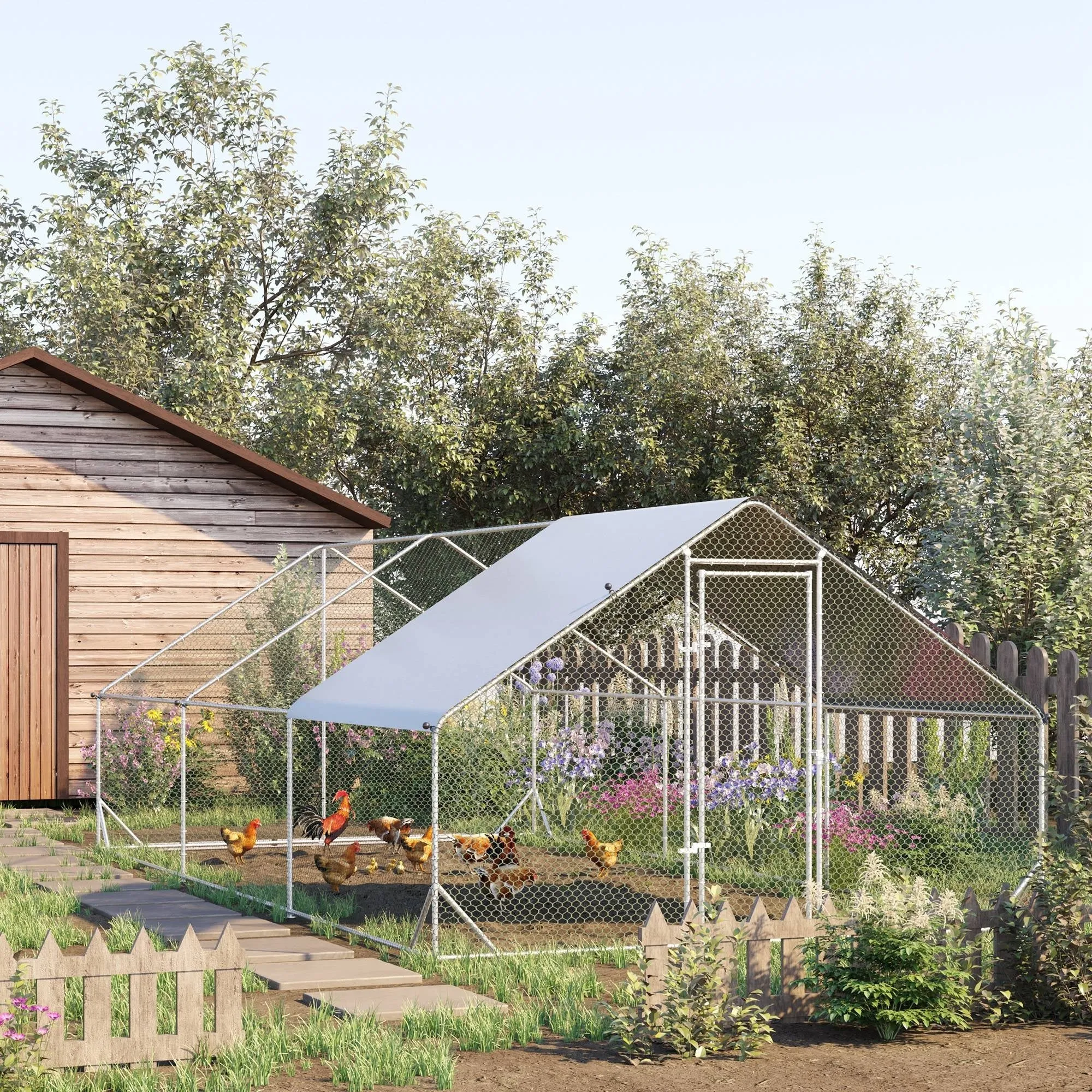 Garden Chicken Coop with Galvanized Frame, Waterproof Cover and Hexagonal Mesh, 3x6x2m, Silver - Image 2