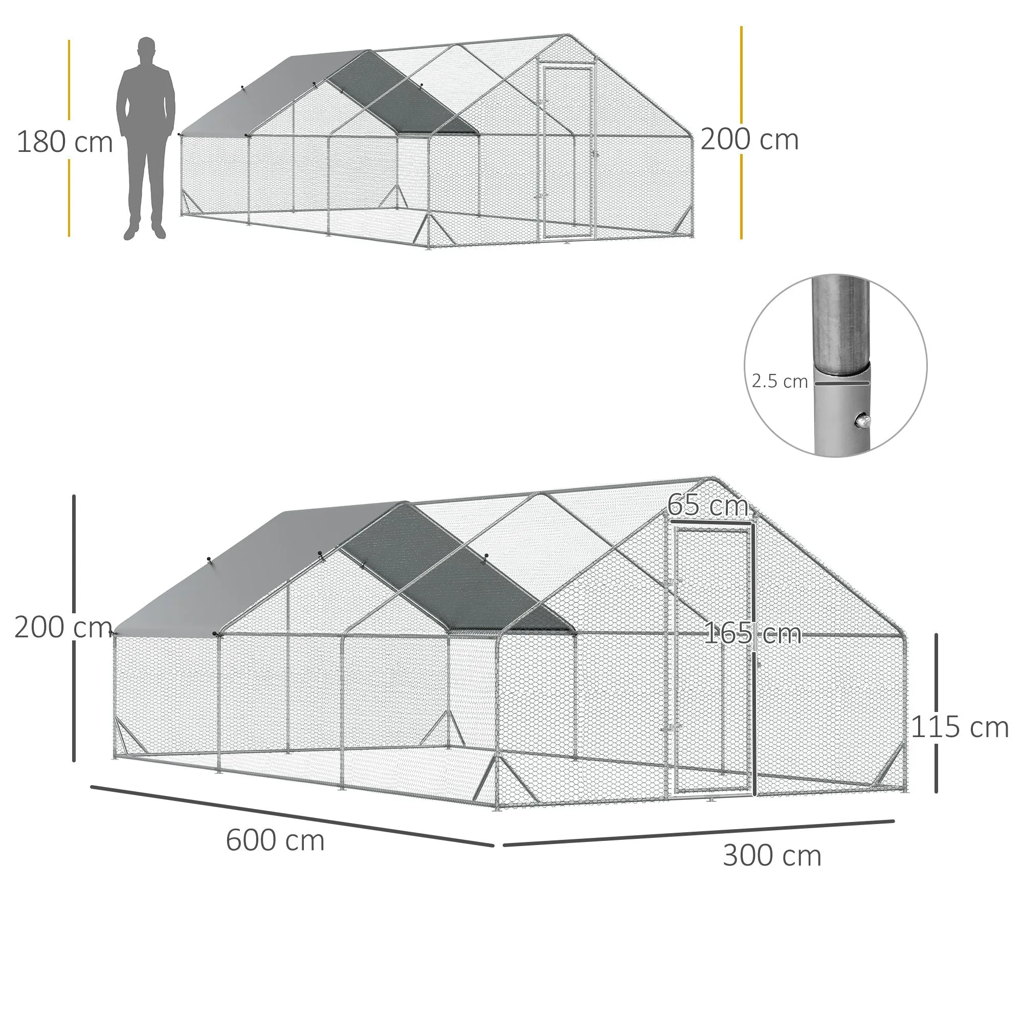 Garden Chicken Coop with Galvanized Frame, Waterproof Cover and Hexagonal Mesh, 3x6x2m, Silver - Image 3