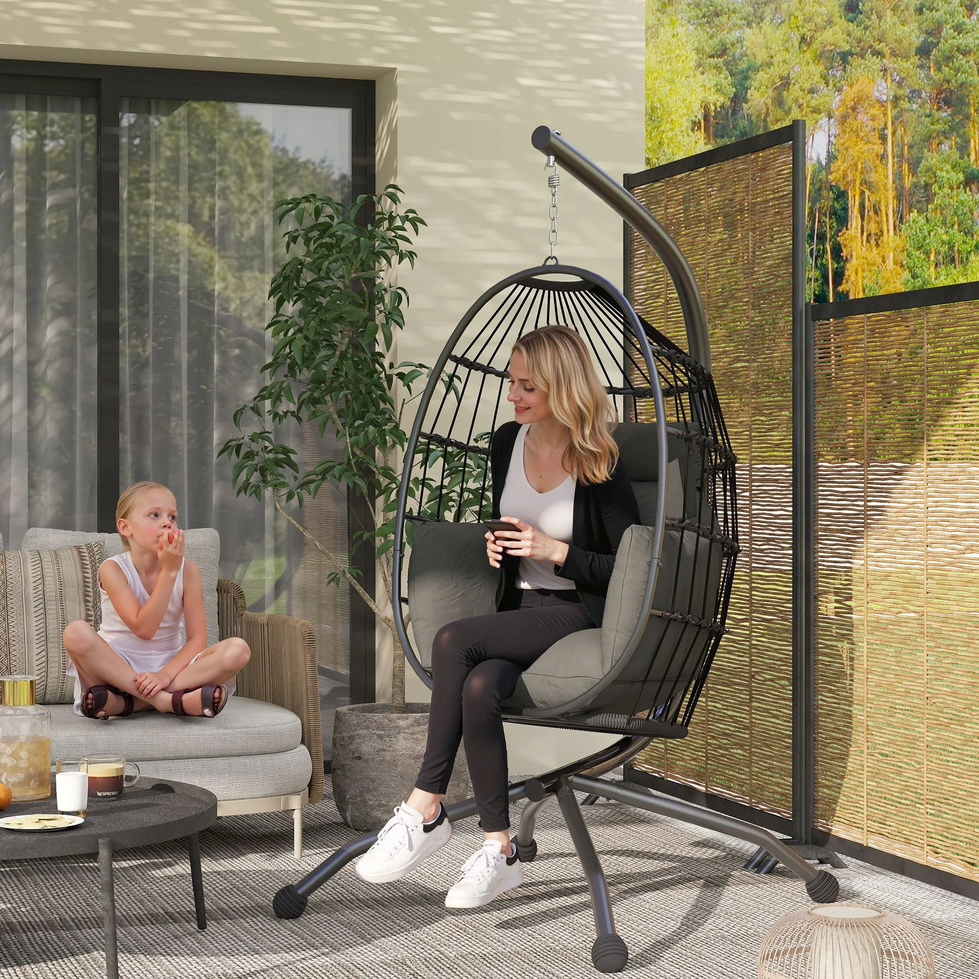 Hanging Egg Chair with Adjustable Hook, 2 Cushions and Basket, Steel, 120x88x192 cm, Black and Grey - Image 2