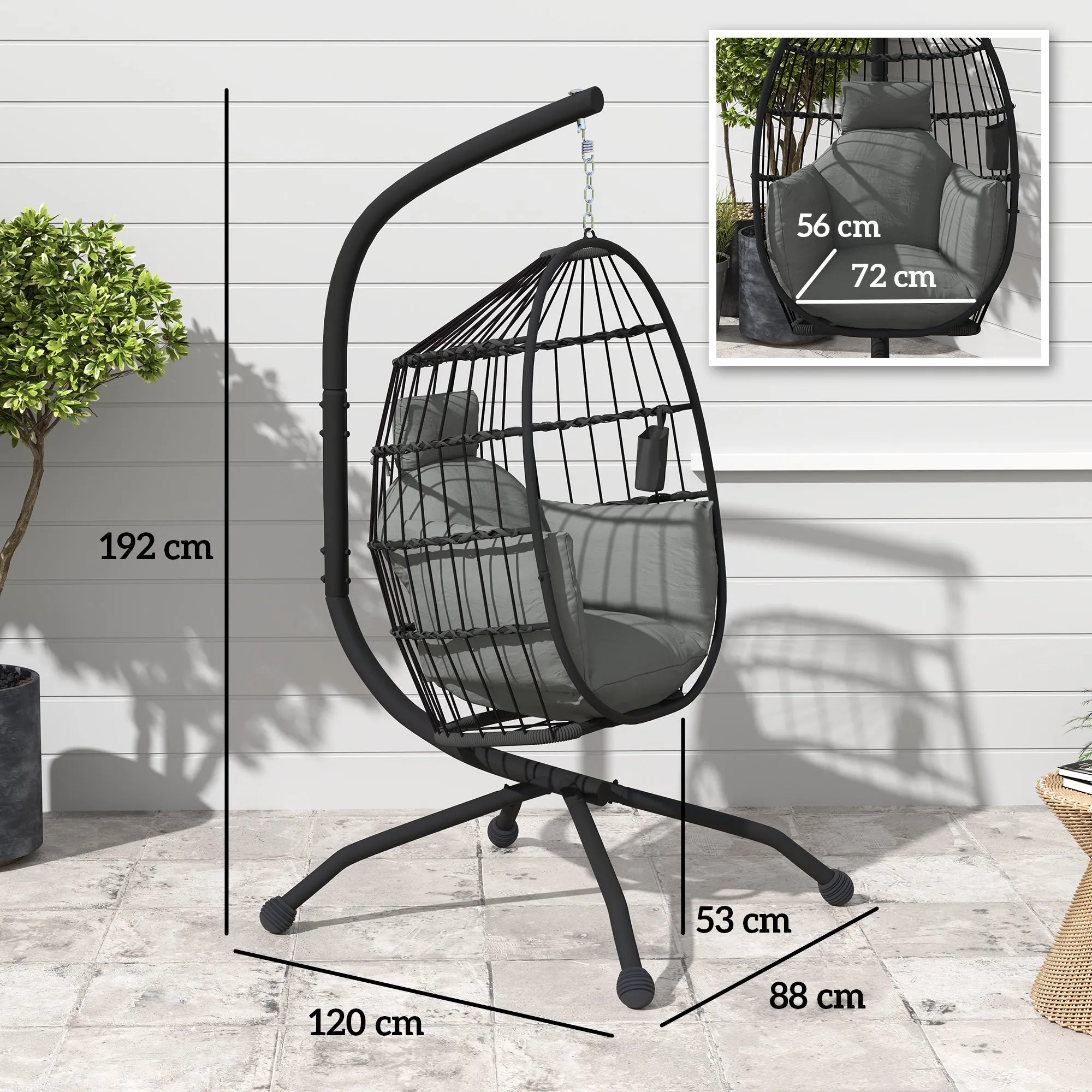 Hanging Egg Chair with Adjustable Hook, 2 Cushions and Basket, Steel, 120x88x192 cm, Black and Grey - Image 3