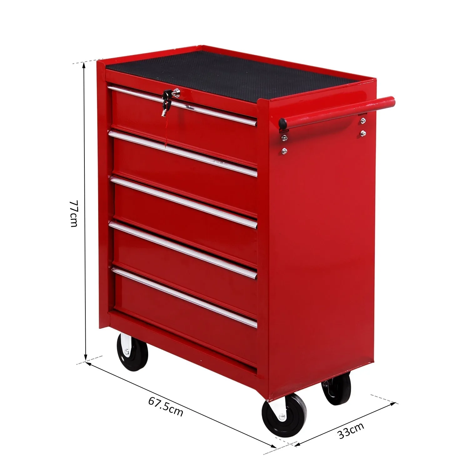 Tool Trolley with 5 Drawers, Lock, 2 Keys and Removable Wall Handle 2 Wheels with Brake in EVA Steel Sheet Red 67.5x33x77cm - Image 2