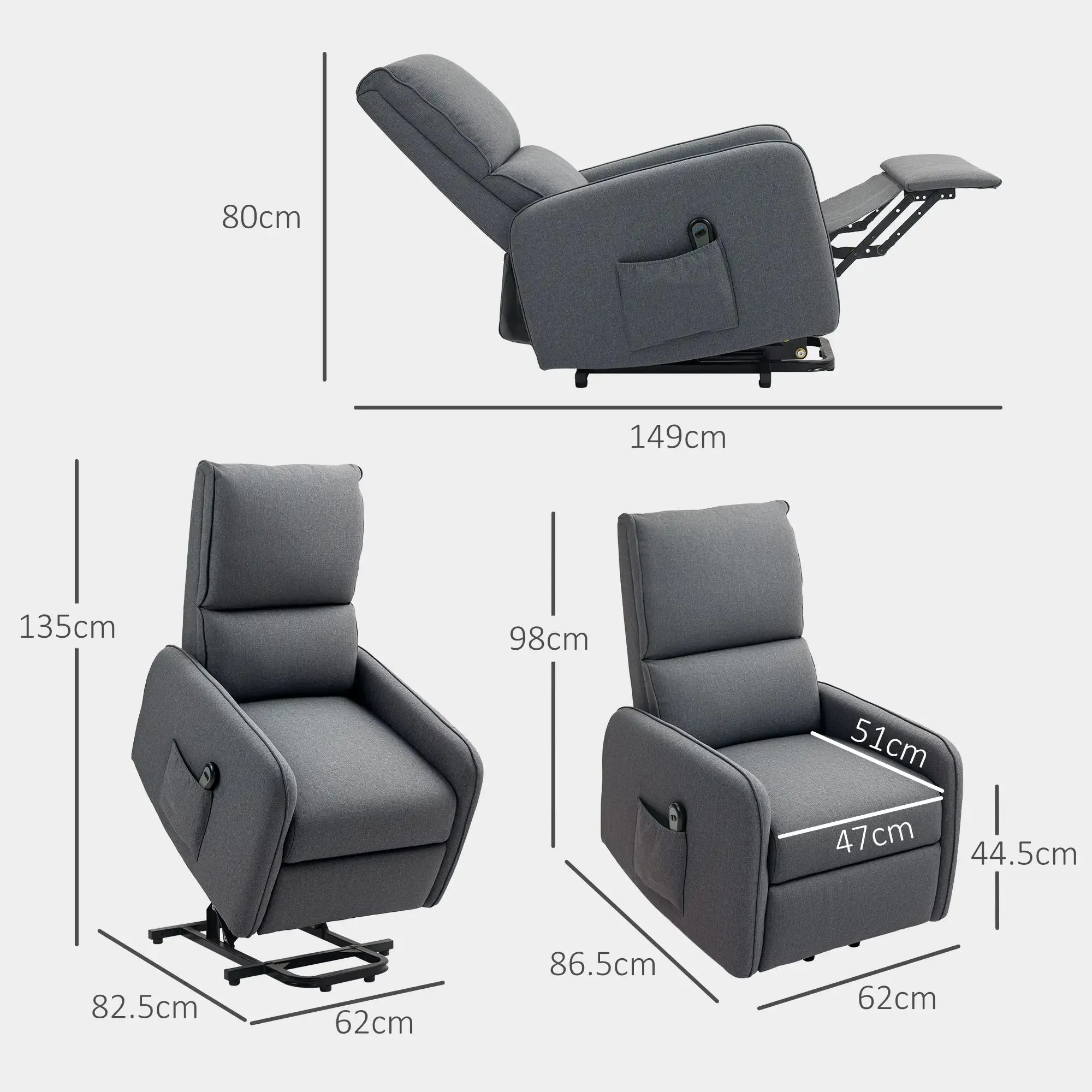 Electric Lift Recliner Chair with Remote Control and Fabric Pocket, Charcoal Grey - Image 3