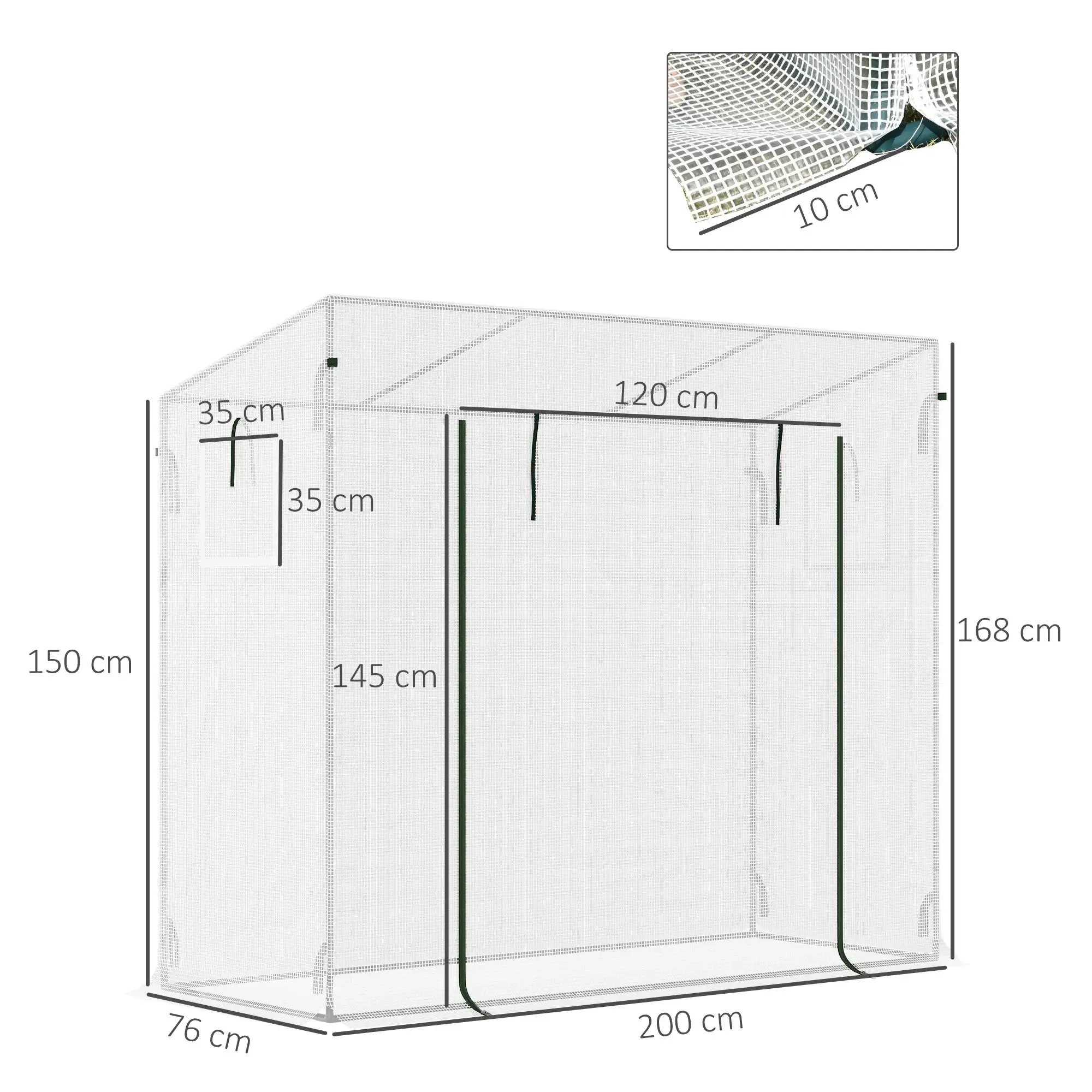 Garden Greenhouse with Roll-Up Door and Extended Edges, in Steel and PE, 200x76x168 cm, White - Image 2