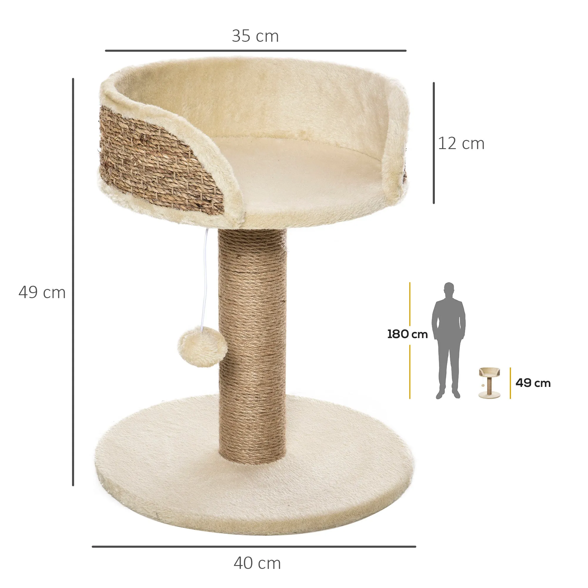 Cat Scratching Tree with Bed, Jute Pole and Hanging Ball, 40x40x49cm, Beige - Image 3